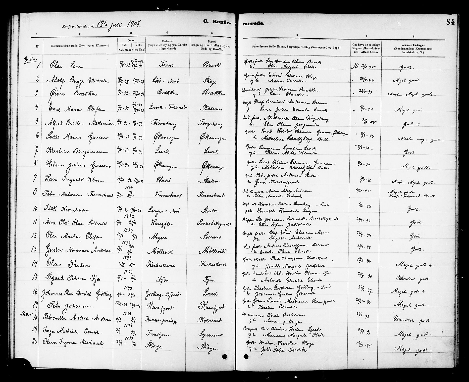 Ministerialprotokoller, klokkerbøker og fødselsregistre - Nord-Trøndelag, SAT/A-1458/780/L0652: Parish register (copy) no. 780C04, 1899-1911, p. 84