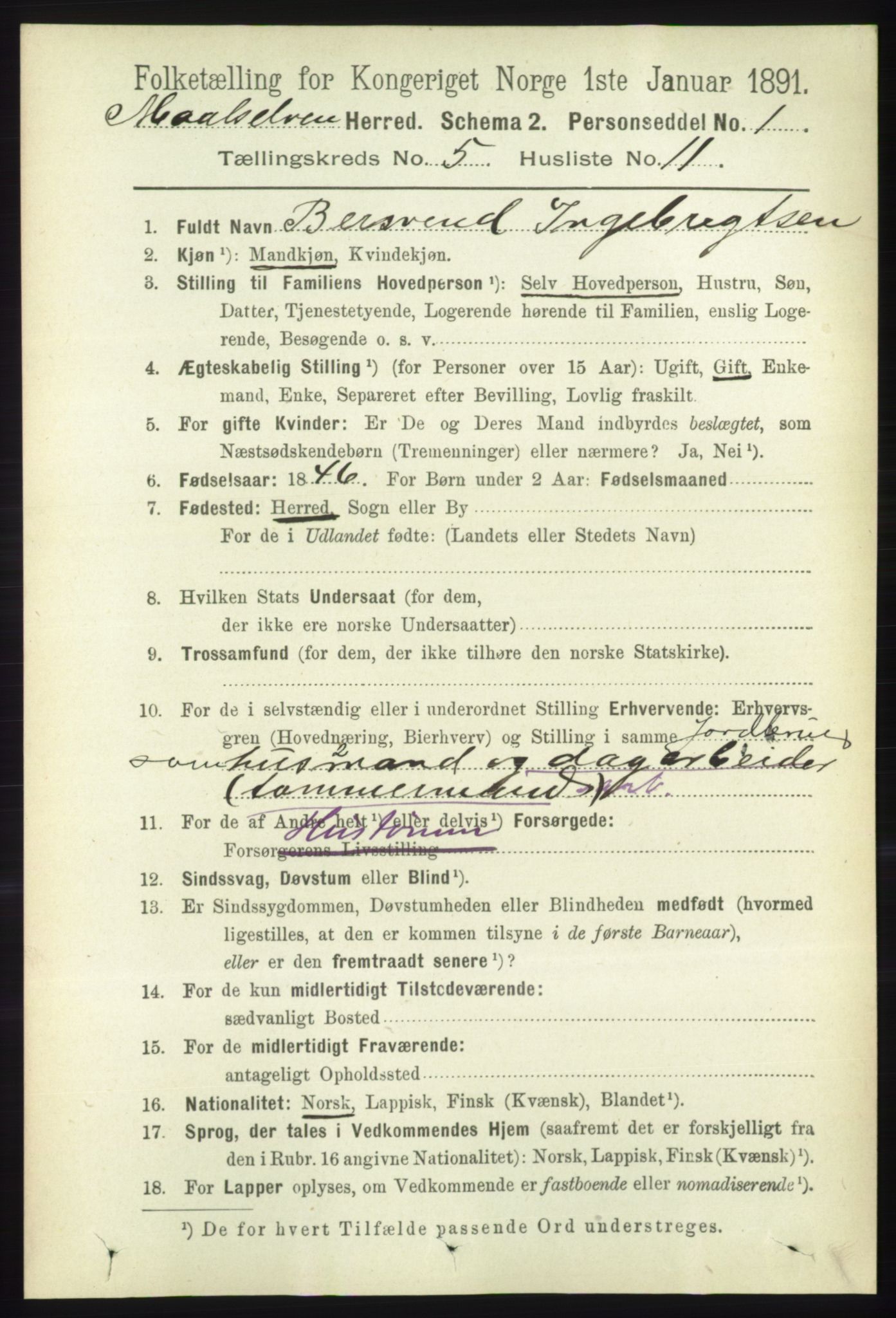 RA, 1891 census for 1924 Målselv, 1891, p. 1696