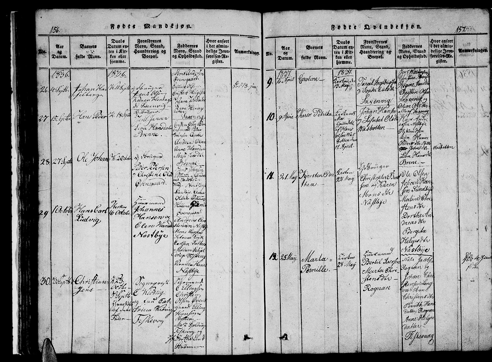 Ministerialprotokoller, klokkerbøker og fødselsregistre - Nordland, SAT/A-1459/847/L0676: Parish register (copy) no. 847C04, 1821-1853, p. 156-157