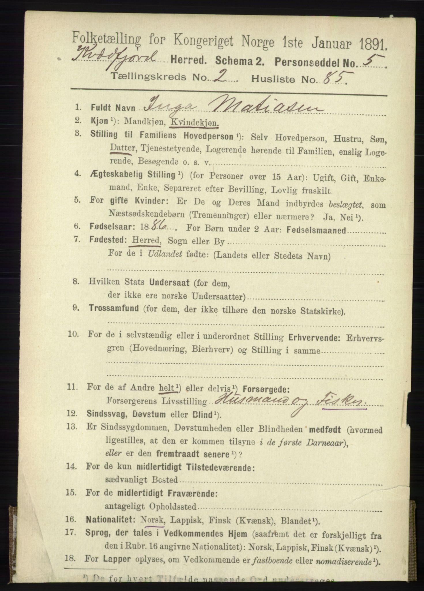 RA, 1891 census for 1911 Kvæfjord, 1891, p. 1219