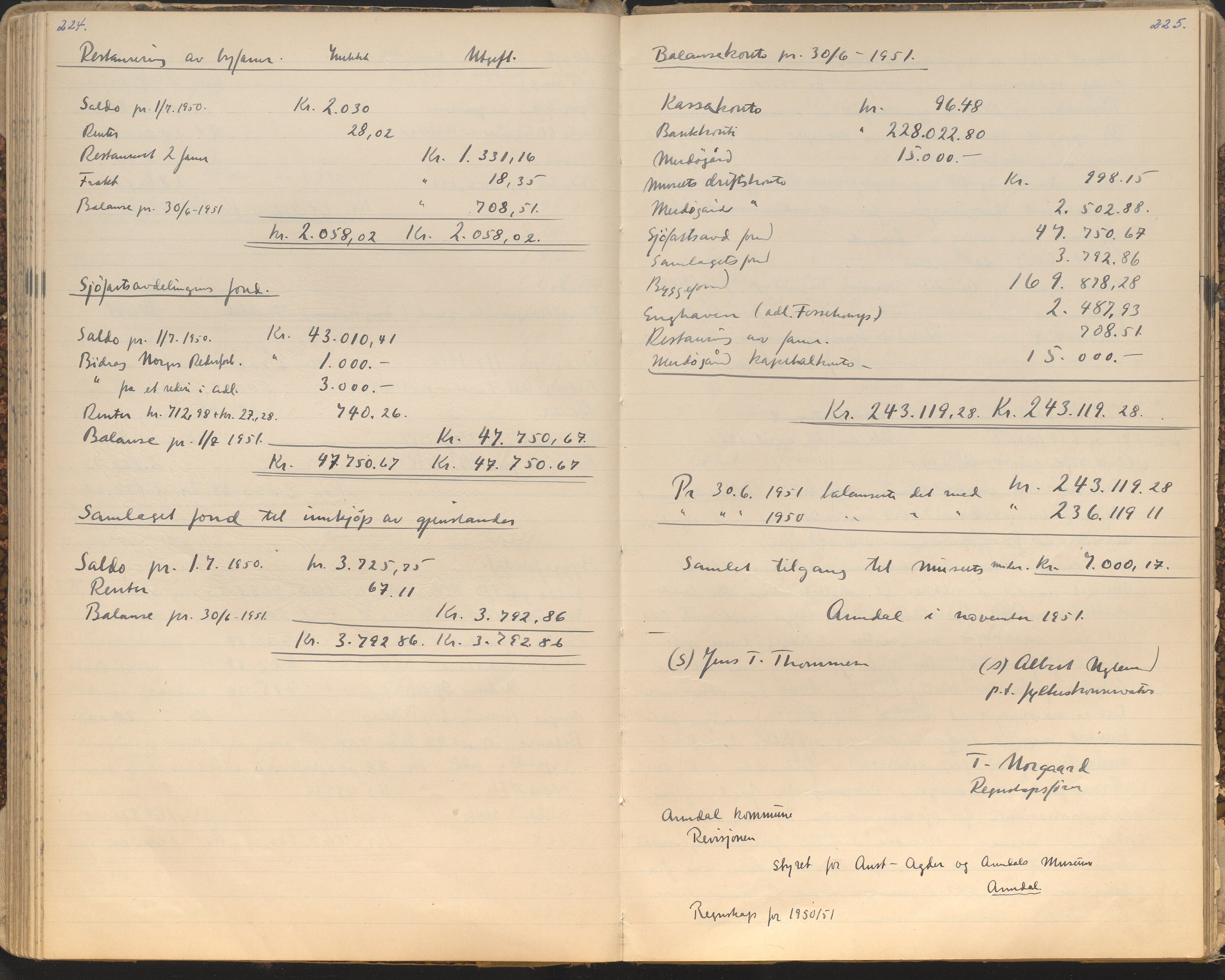 Aust-Agder-Museet, AAKS/PA-2065/A02/L0002: Styreprotokoll, 1908-1960, p. 224-225