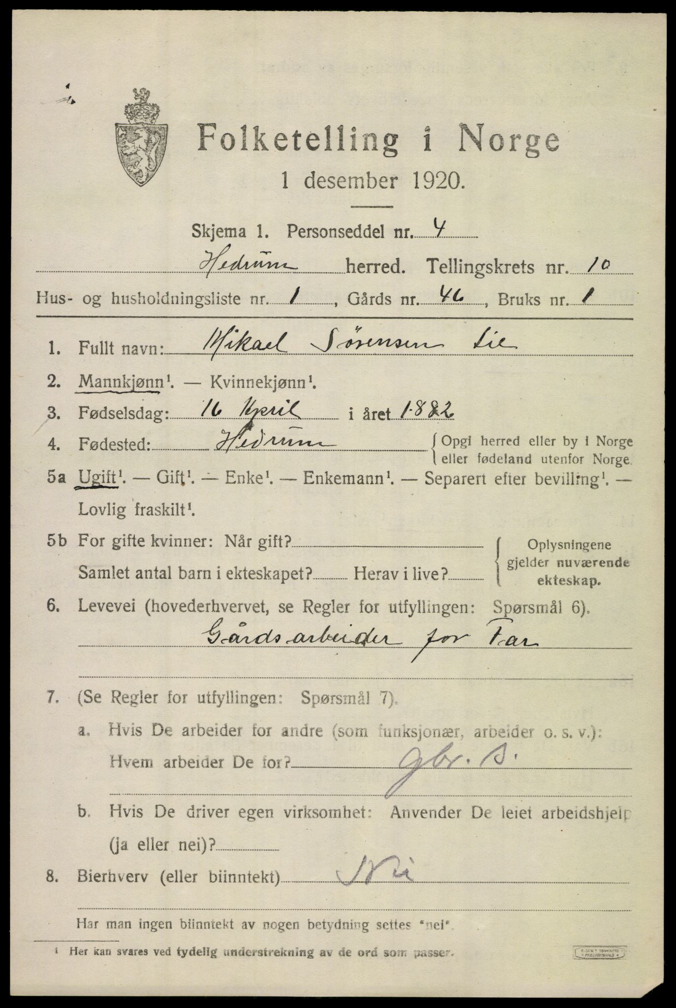 SAKO, 1920 census for Hedrum, 1920, p. 7137