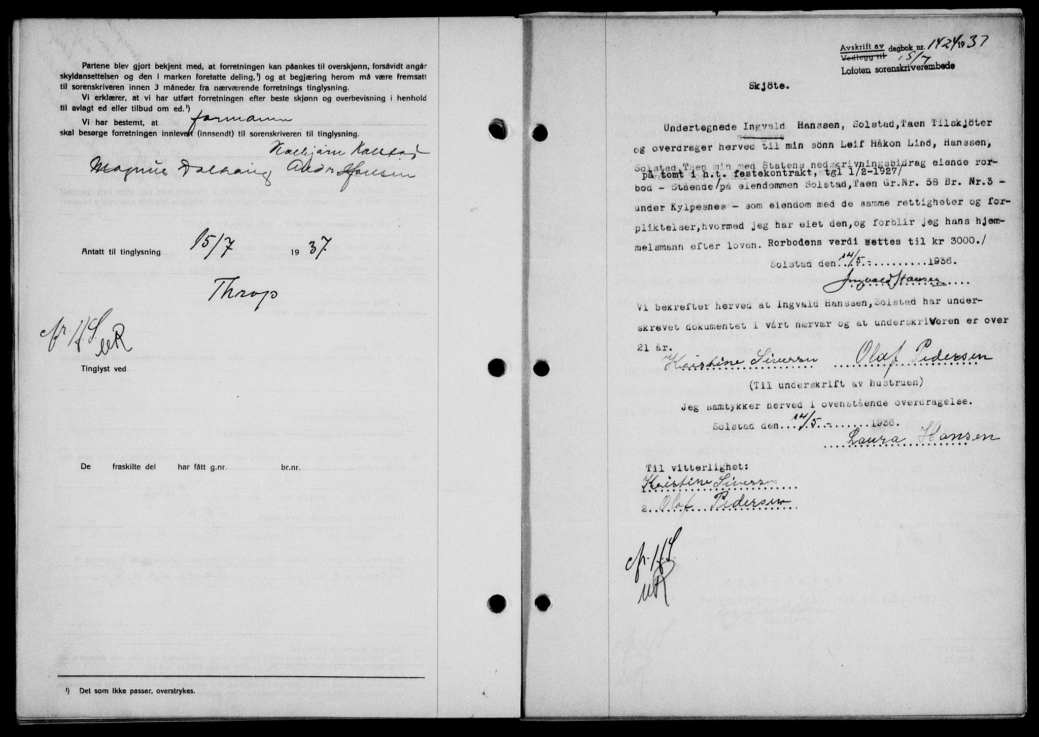 Lofoten sorenskriveri, SAT/A-0017/1/2/2C/L0002a: Mortgage book no. 2a, 1937-1937, Diary no: : 1424/1937