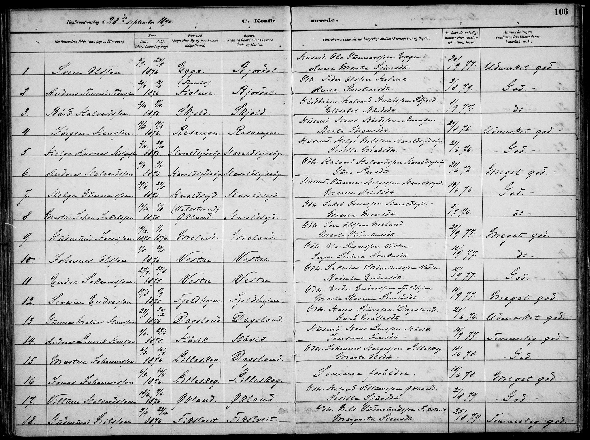 Skjold sokneprestkontor, SAST/A-101847/H/Ha/Haa/L0010: Parish register (official) no. A 10, 1882-1897, p. 106