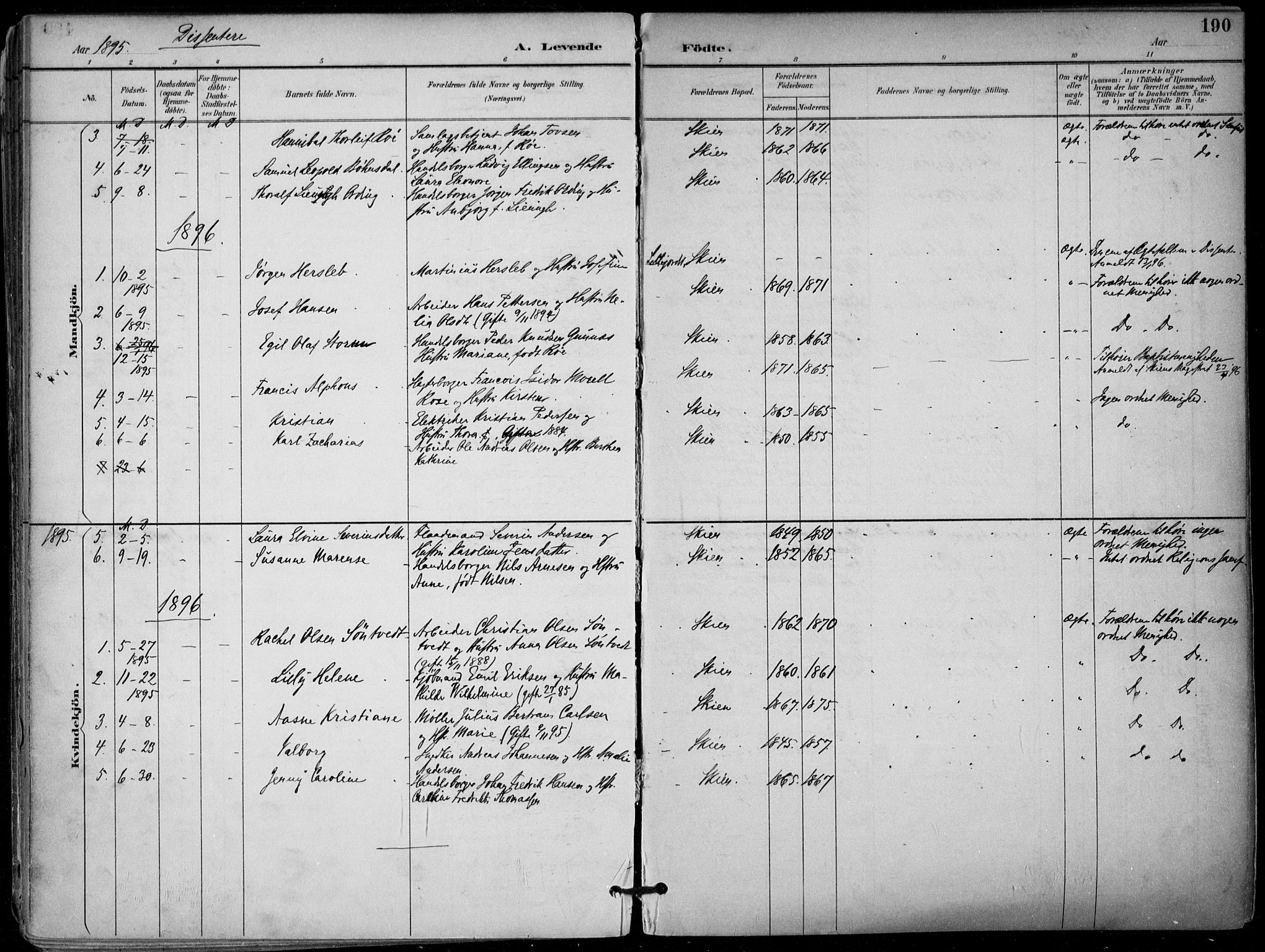 Skien kirkebøker, SAKO/A-302/F/Fa/L0010: Parish register (official) no. 10, 1891-1899, p. 190