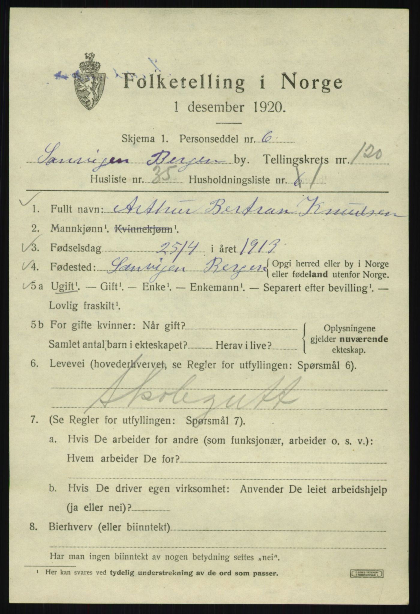 SAB, 1920 census for Bergen, 1920, p. 202024