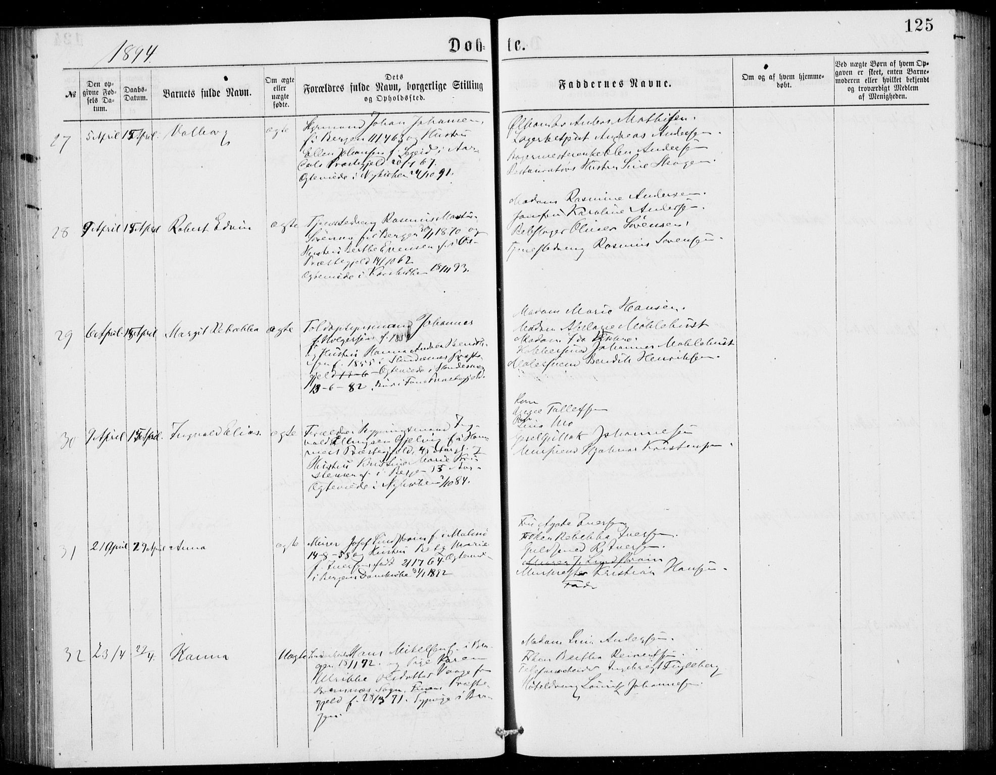 Fødselsstiftelsens sokneprestembete, ført av overlegen*, SAB/-: Parish register (official) no. A 2, 1884-1900, p. 125