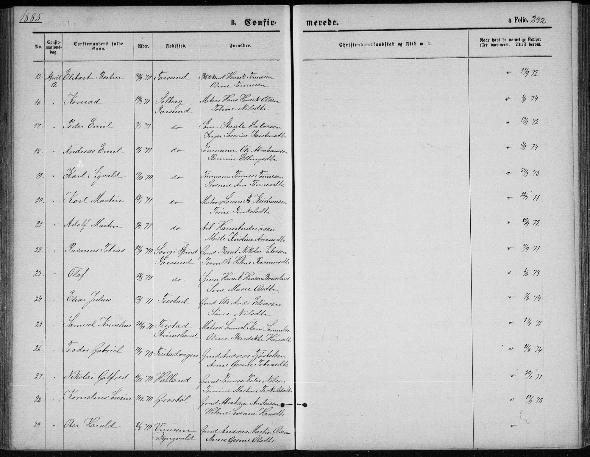 Lista sokneprestkontor, AV/SAK-1111-0027/F/Fb/L0004: Parish register (copy) no. B 4, 1877-1891, p. 292