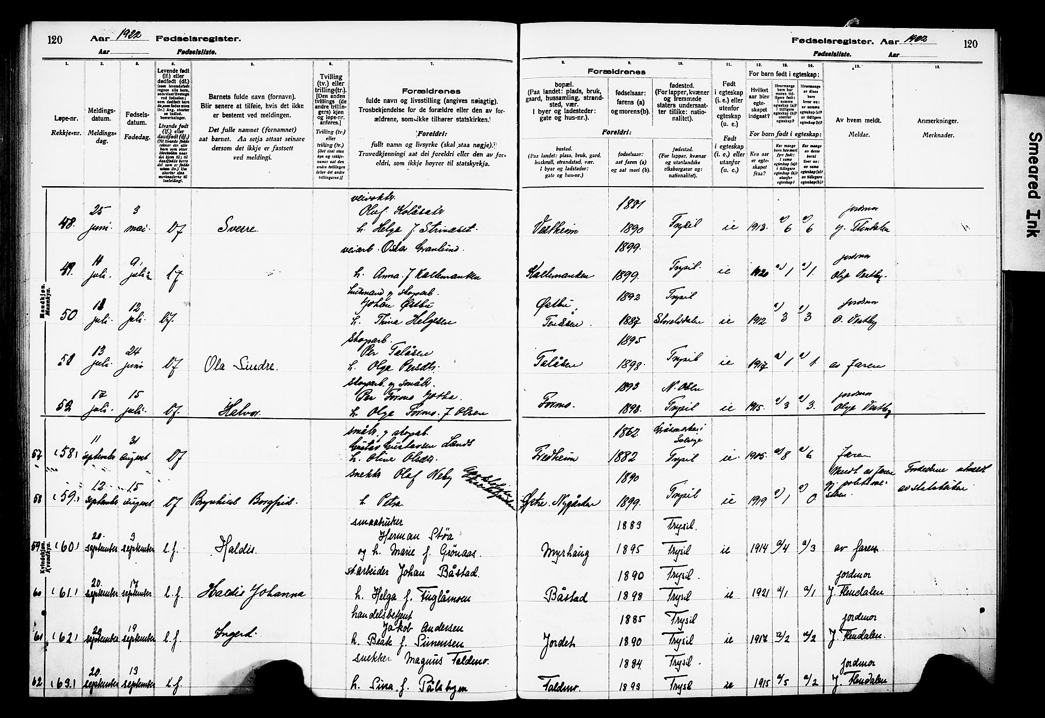 Trysil prestekontor, AV/SAH-PREST-046/I/Id/Ida/L0001: Birth register no. I 1, 1916-1927, p. 120