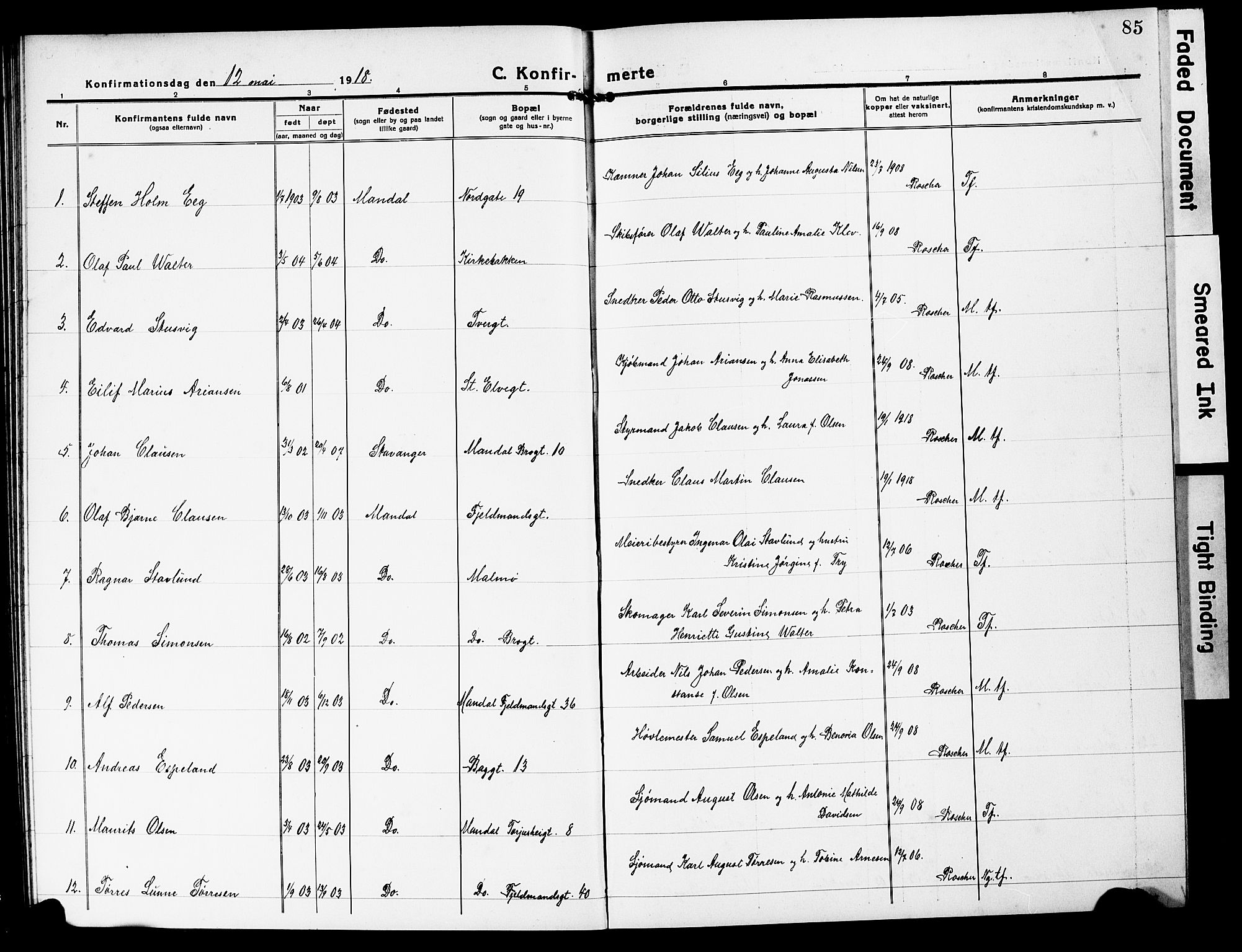 Mandal sokneprestkontor, SAK/1111-0030/F/Fb/Fbc/L0001: Parish register (copy) no. B 1, 1918-1931, p. 85