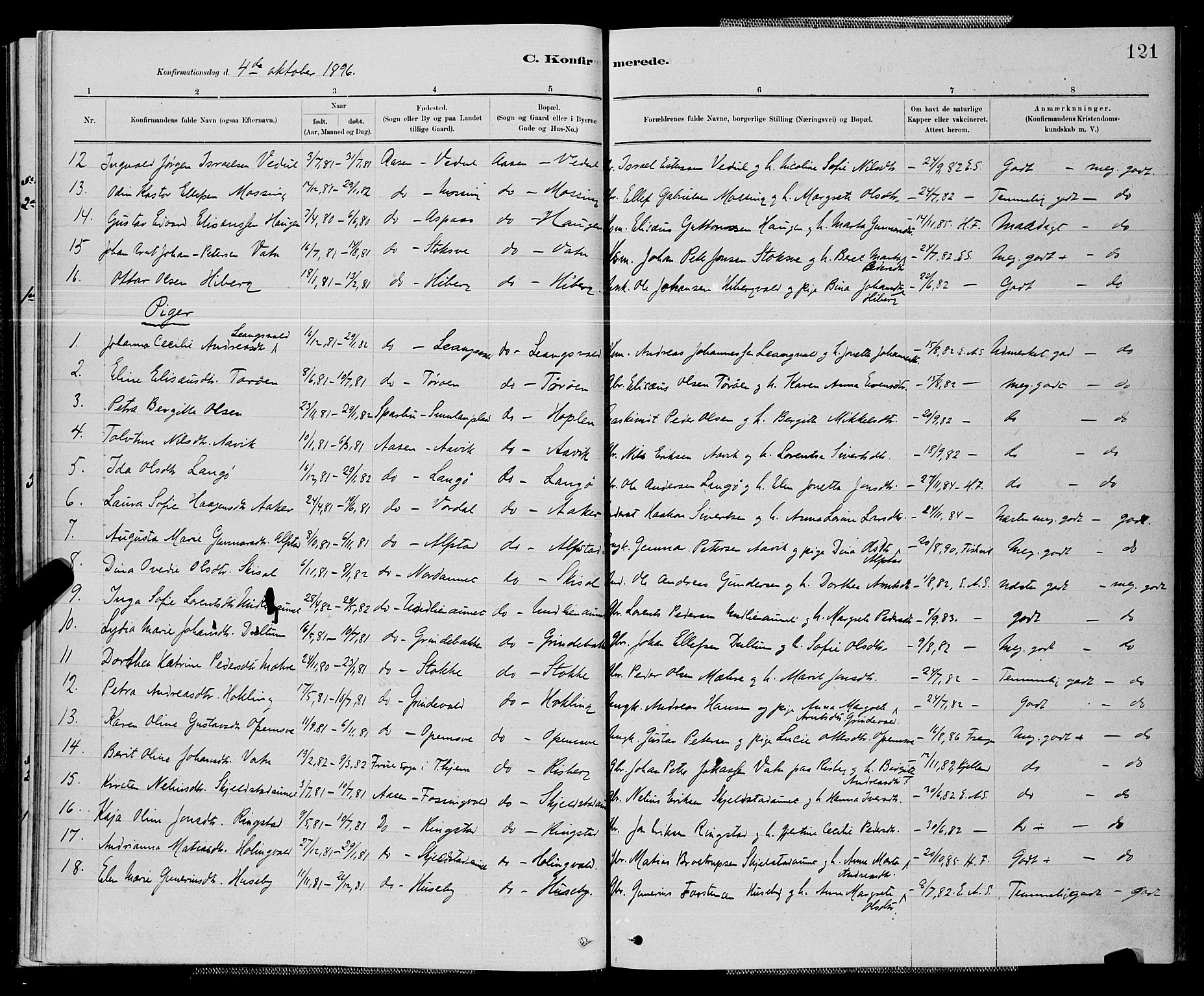 Ministerialprotokoller, klokkerbøker og fødselsregistre - Nord-Trøndelag, SAT/A-1458/714/L0134: Parish register (copy) no. 714C03, 1878-1898, p. 121