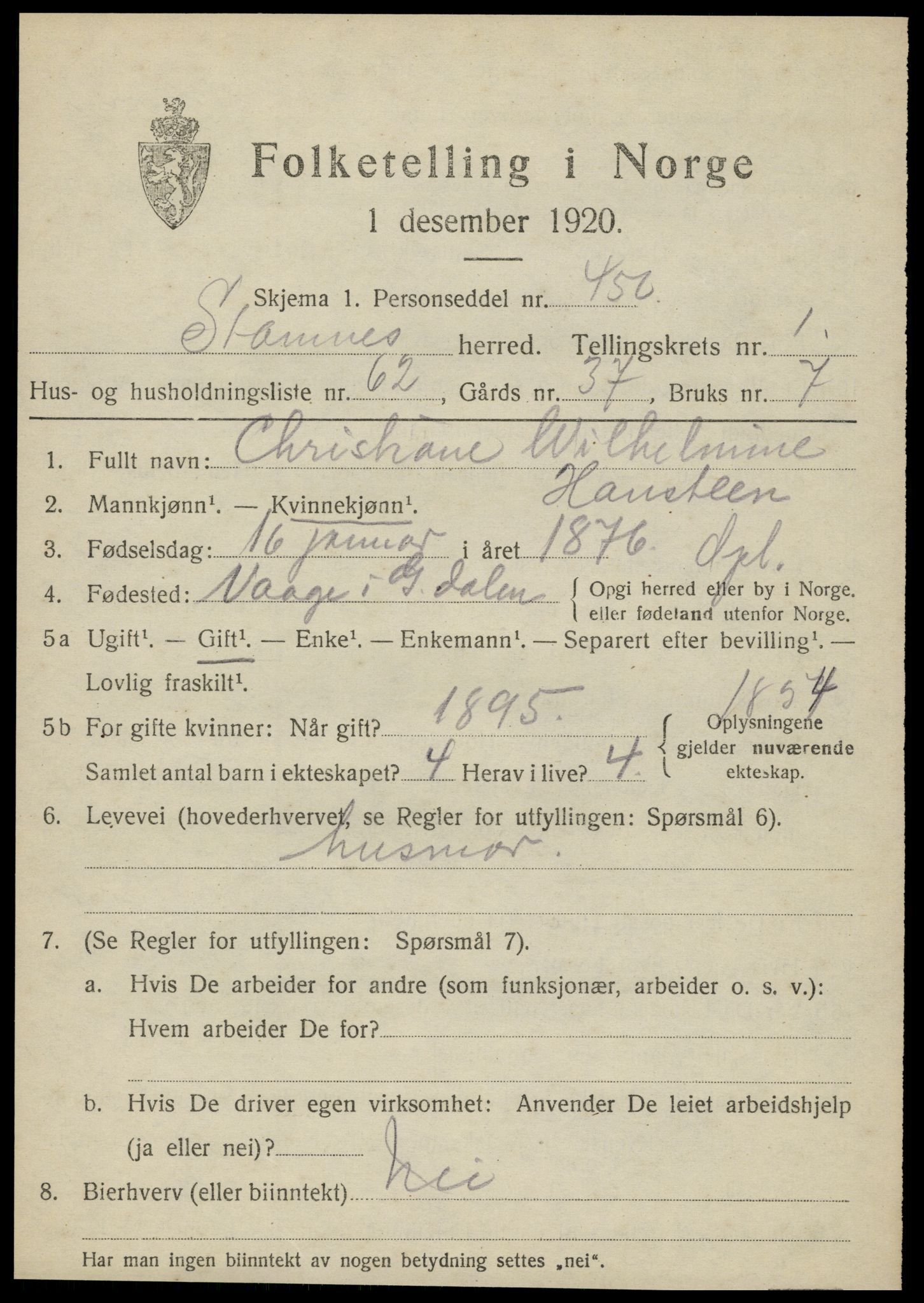 SAT, 1920 census for Stamnes, 1920, p. 1466