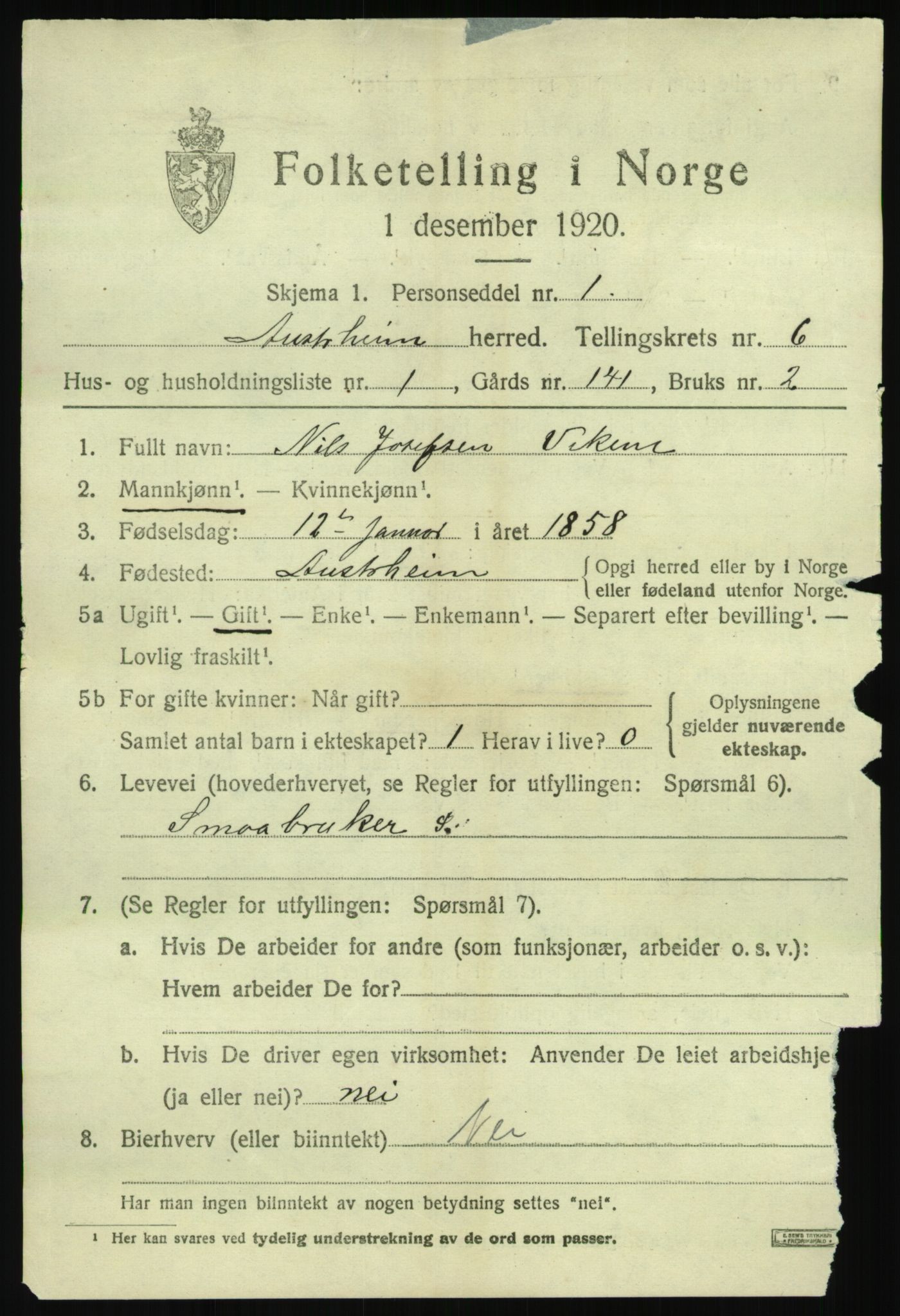 SAB, 1920 census for Austrheim, 1920, p. 2418