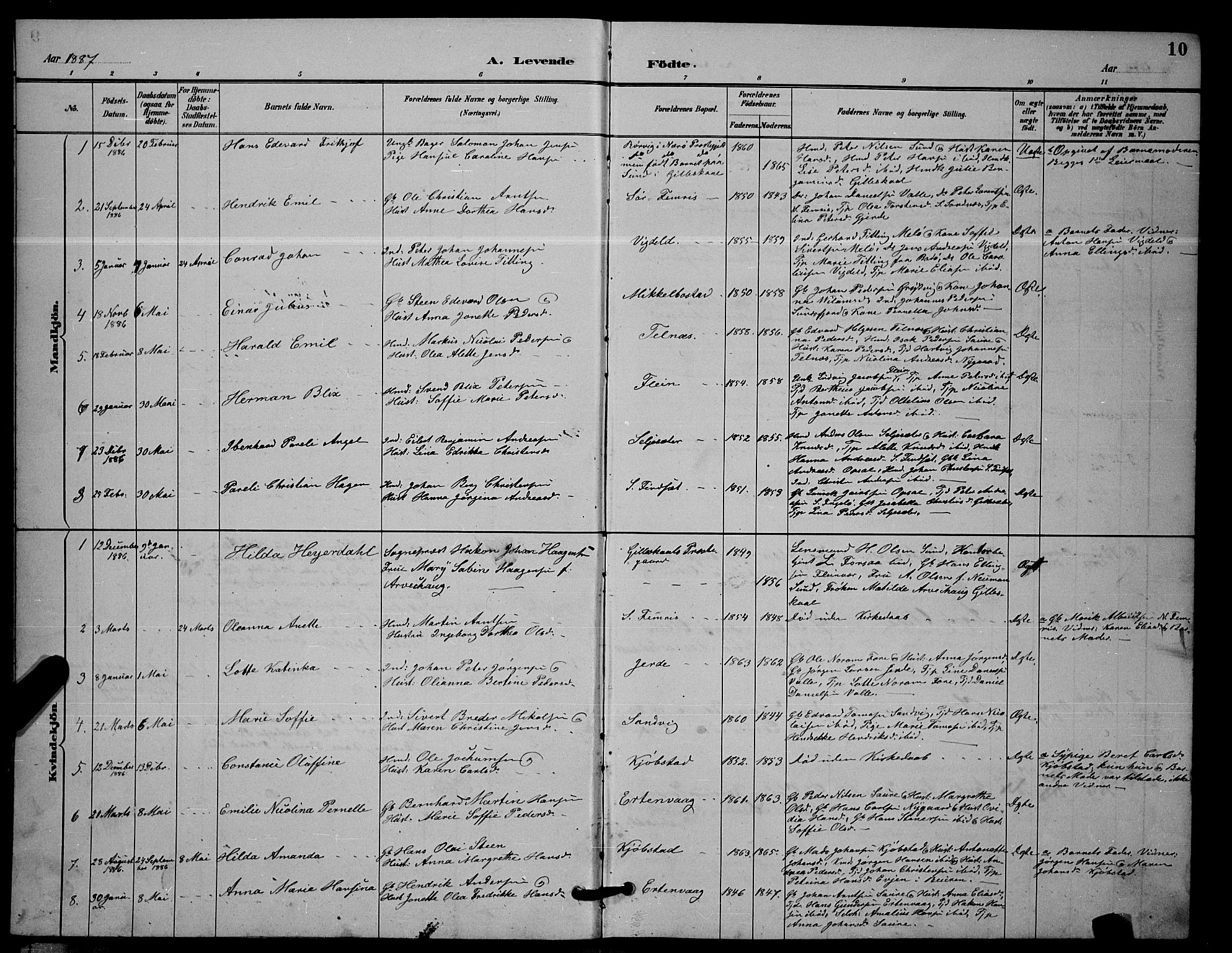 Ministerialprotokoller, klokkerbøker og fødselsregistre - Nordland, AV/SAT-A-1459/805/L0108: Parish register (copy) no. 805C04, 1885-1899, p. 10