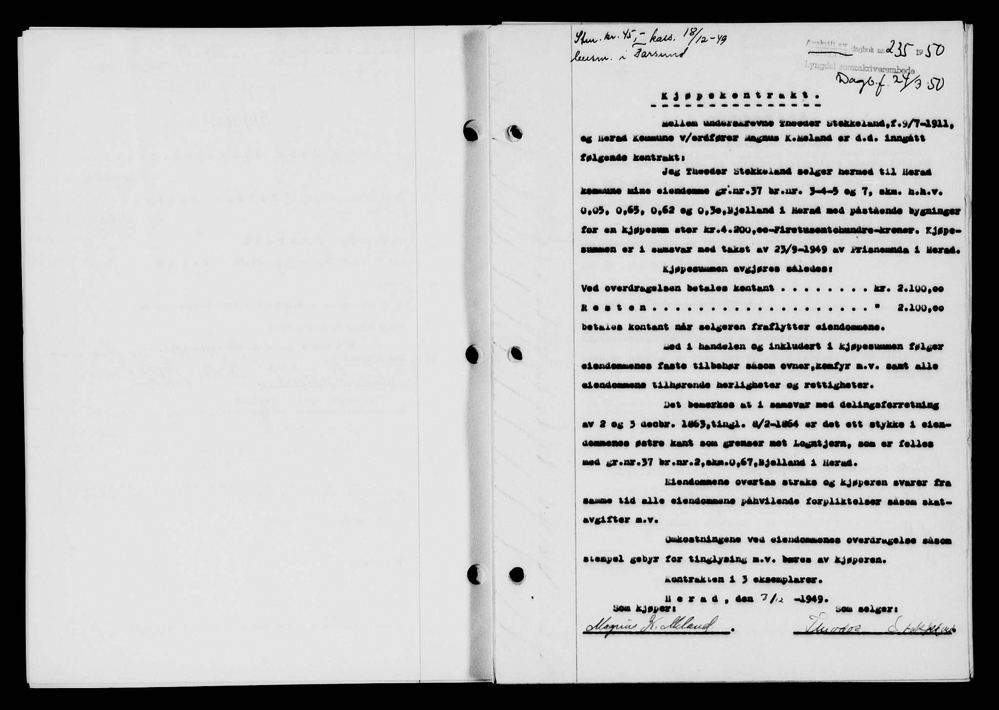 Lyngdal sorenskriveri, AV/SAK-1221-0004/G/Gb/L0665: Mortgage book no. A XI, 1950-1950, Diary no: : 235/1950