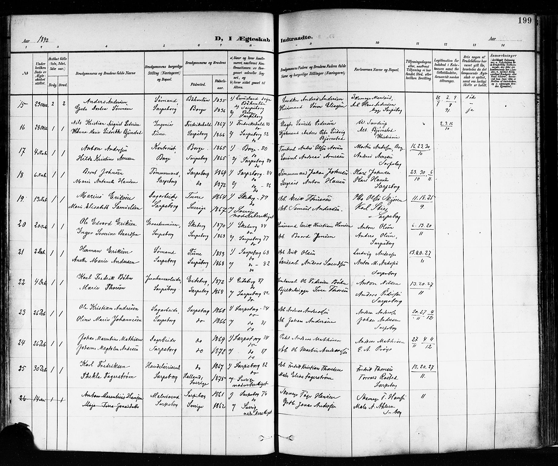 Sarpsborg prestekontor Kirkebøker, SAO/A-2006/F/Fa/L0004: Parish register (official) no. 4, 1892-1899, p. 199