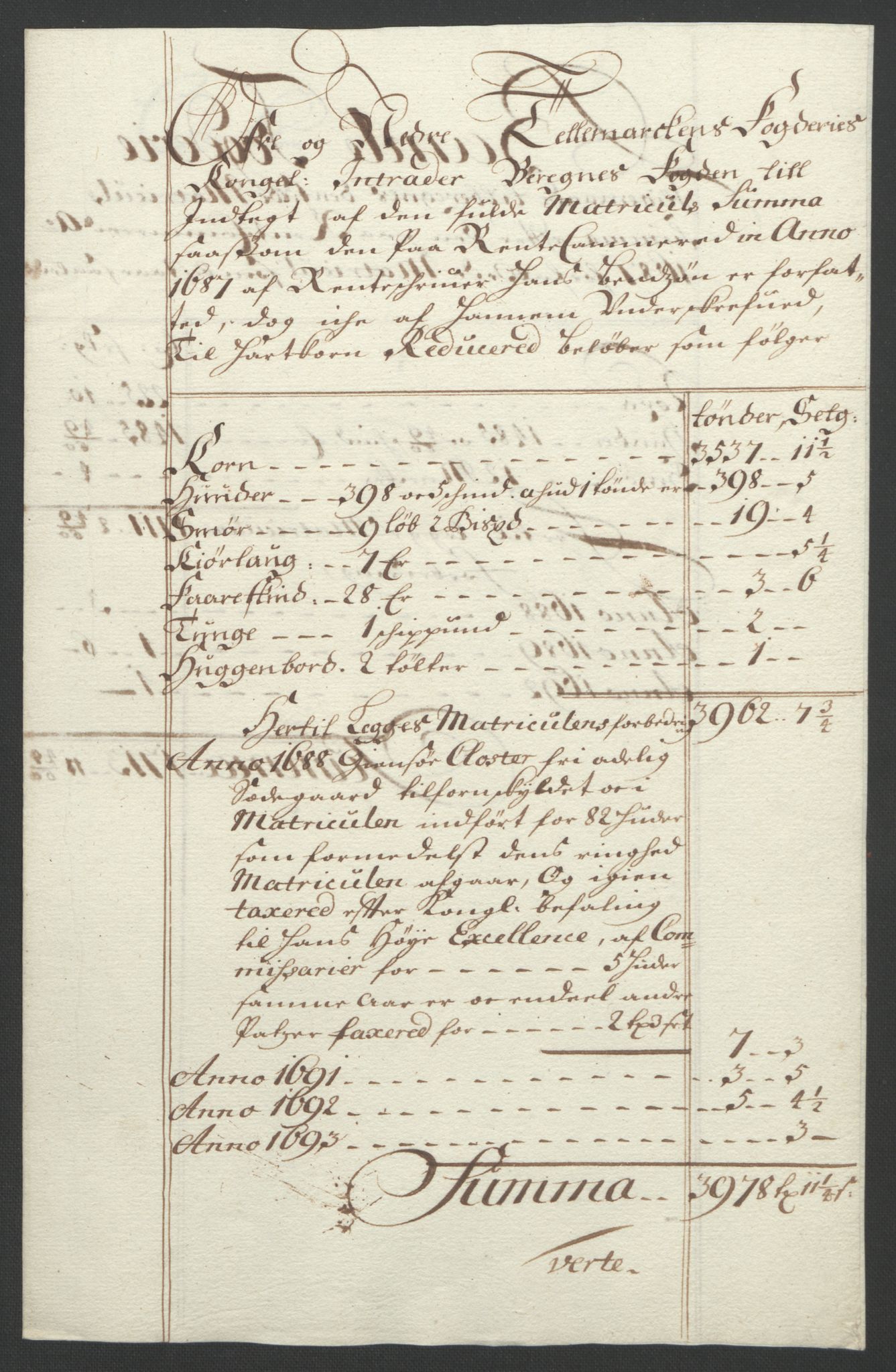 Rentekammeret inntil 1814, Reviderte regnskaper, Fogderegnskap, RA/EA-4092/R35/L2091: Fogderegnskap Øvre og Nedre Telemark, 1690-1693, p. 274