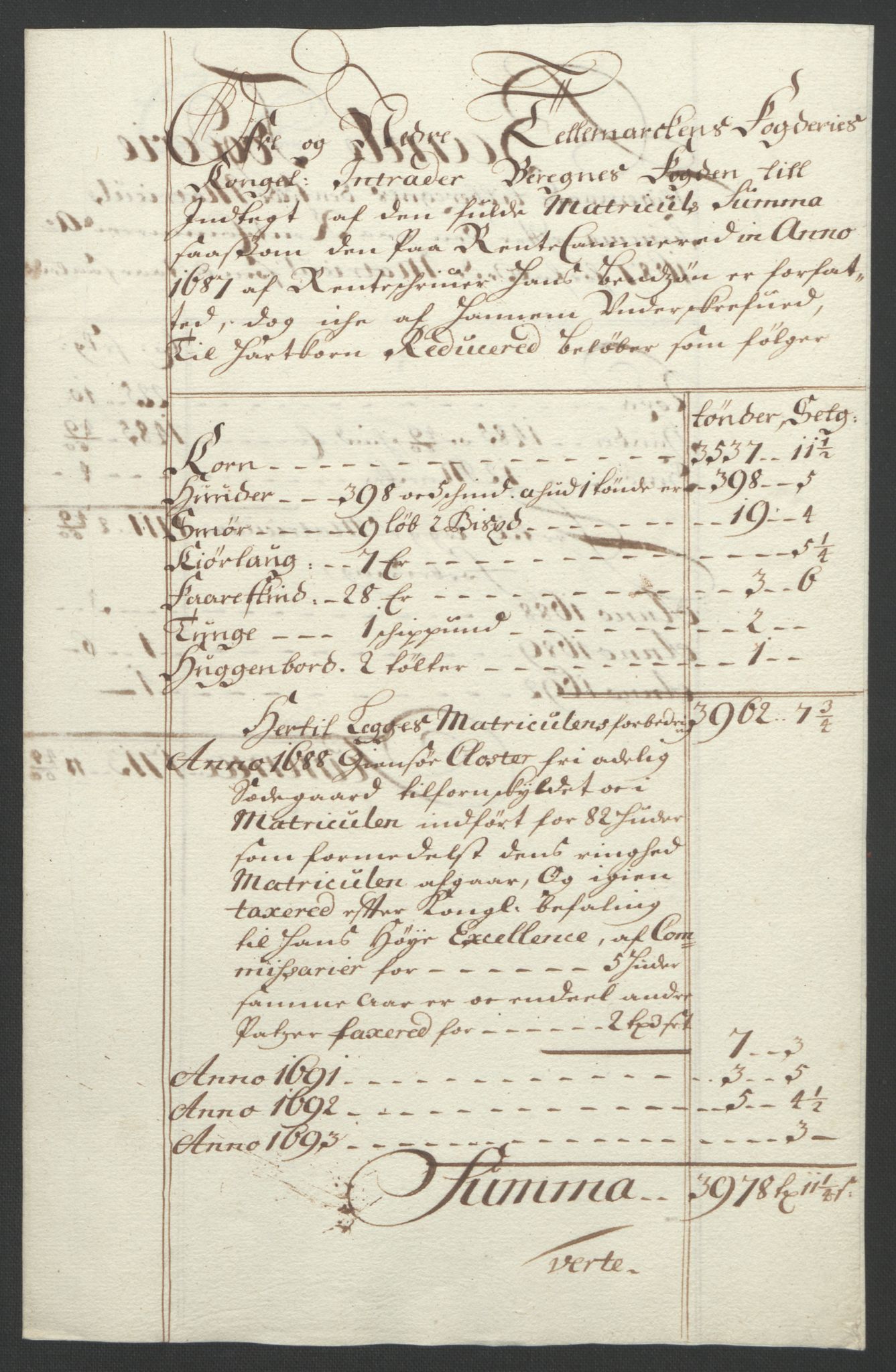 Rentekammeret inntil 1814, Reviderte regnskaper, Fogderegnskap, AV/RA-EA-4092/R35/L2091: Fogderegnskap Øvre og Nedre Telemark, 1690-1693, p. 274