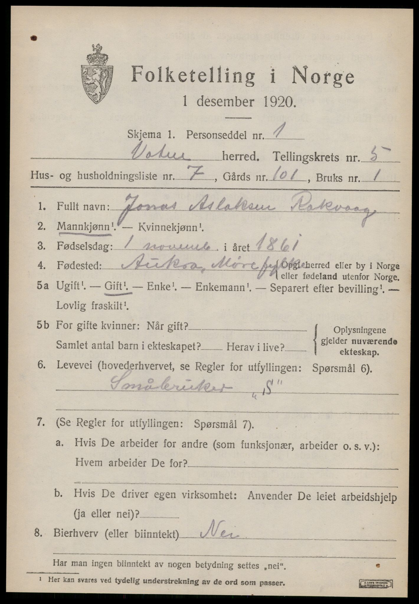 SAT, 1920 census for Vatne, 1920, p. 2242