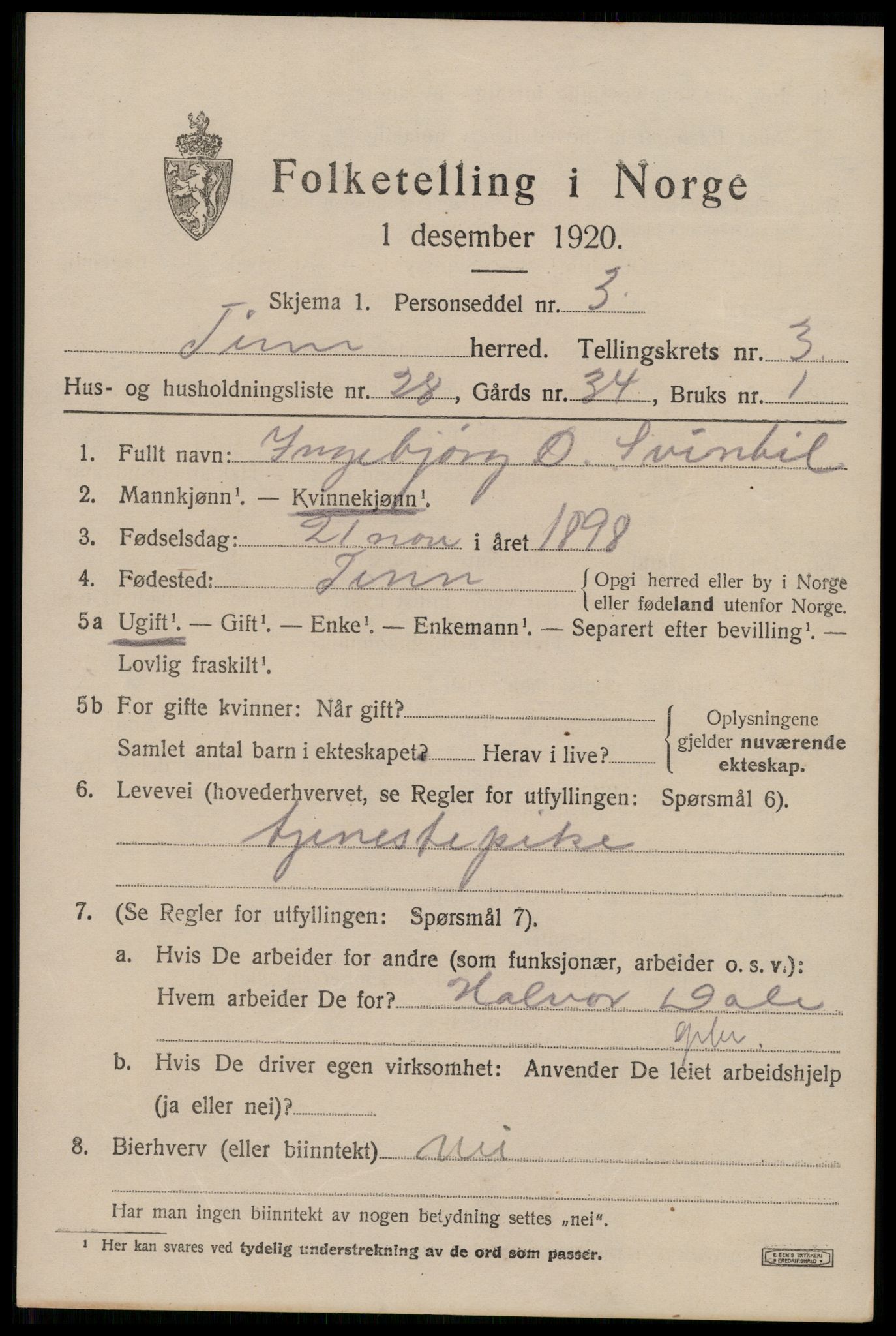 SAKO, 1920 census for Tinn, 1920, p. 3582