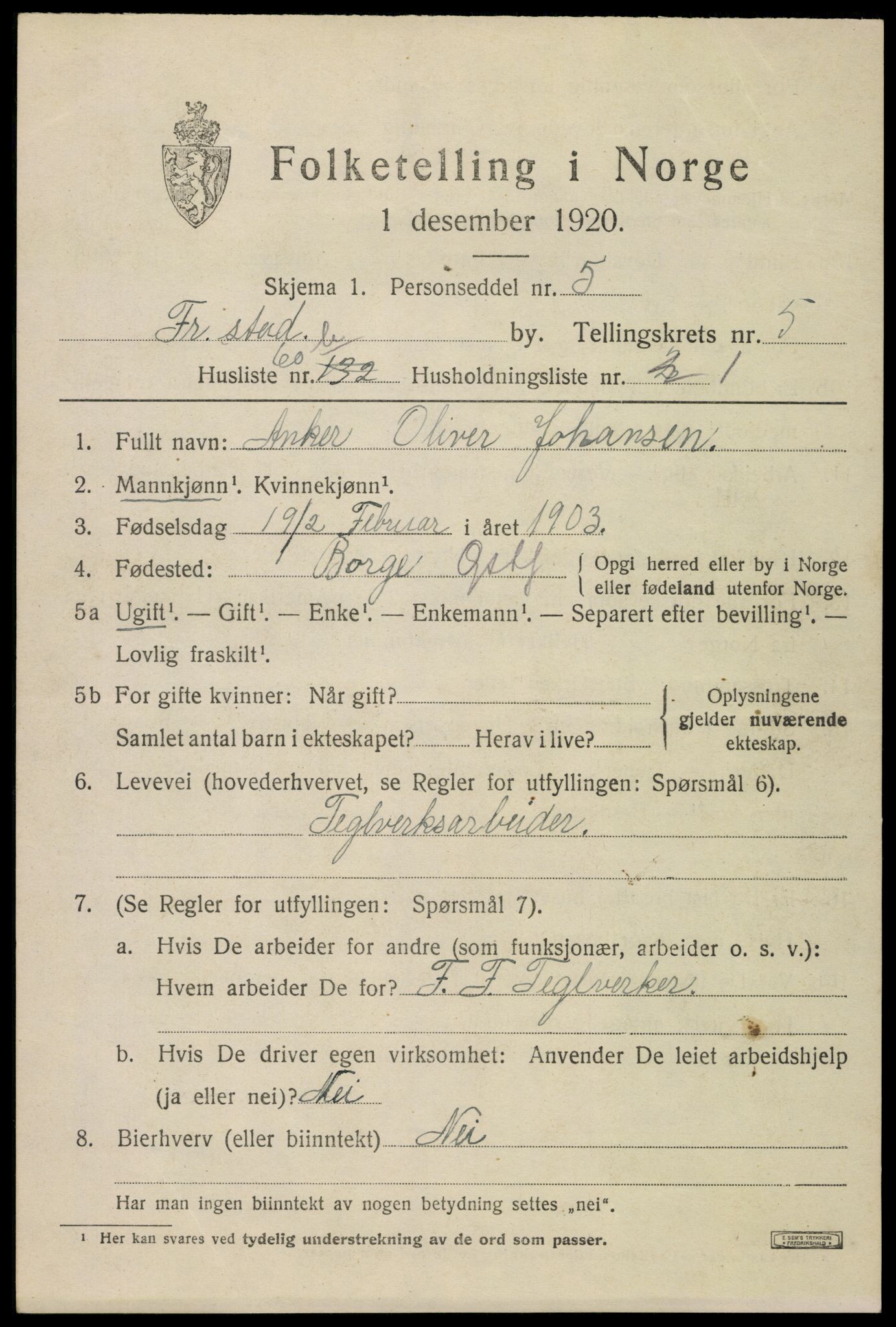 SAO, 1920 census for Fredrikstad, 1920, p. 19627