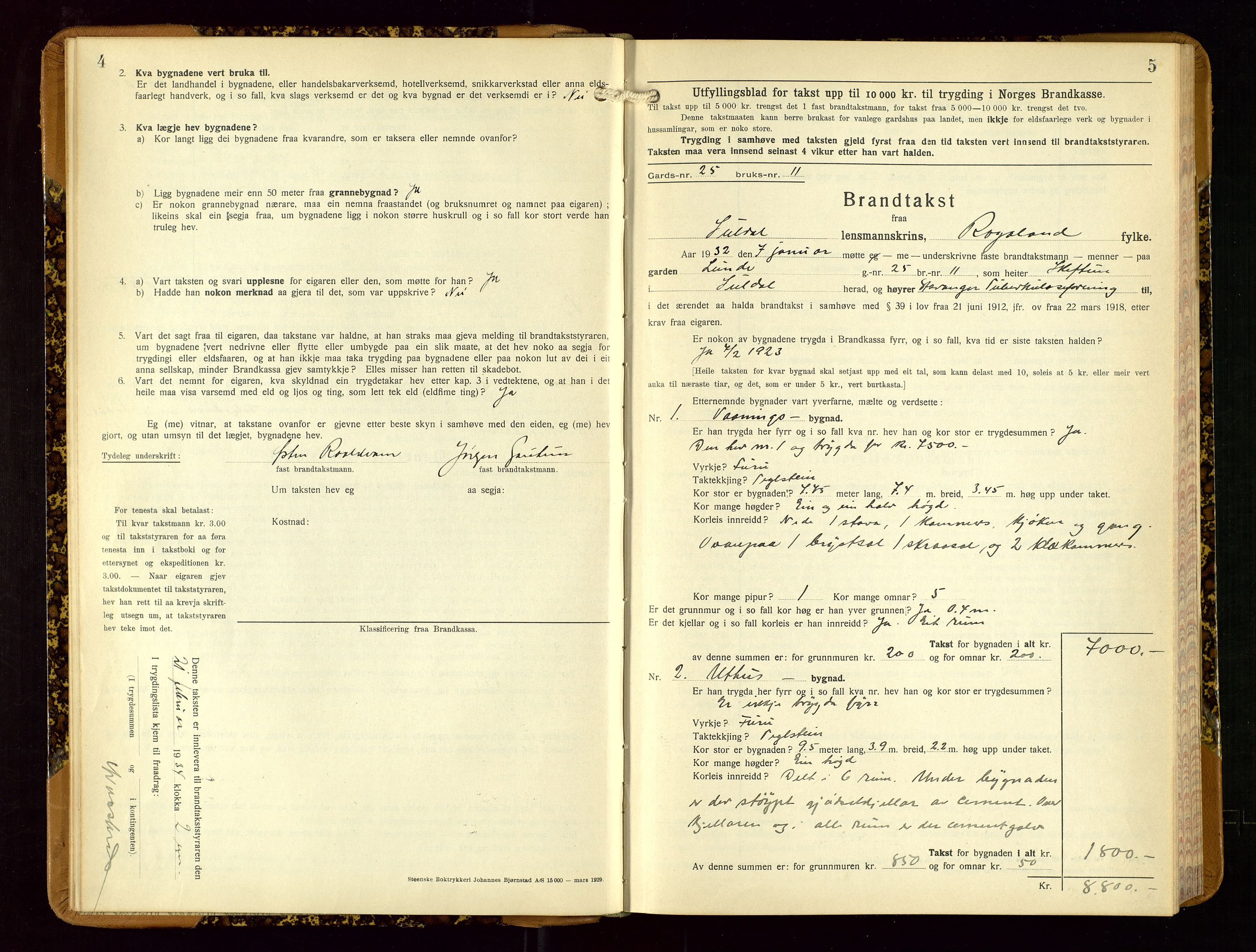 Suldal lensmannskontor, AV/SAST-A-100419/Gob/L0003: Branntakstprotokoll, 1924-1955, p. 4-5