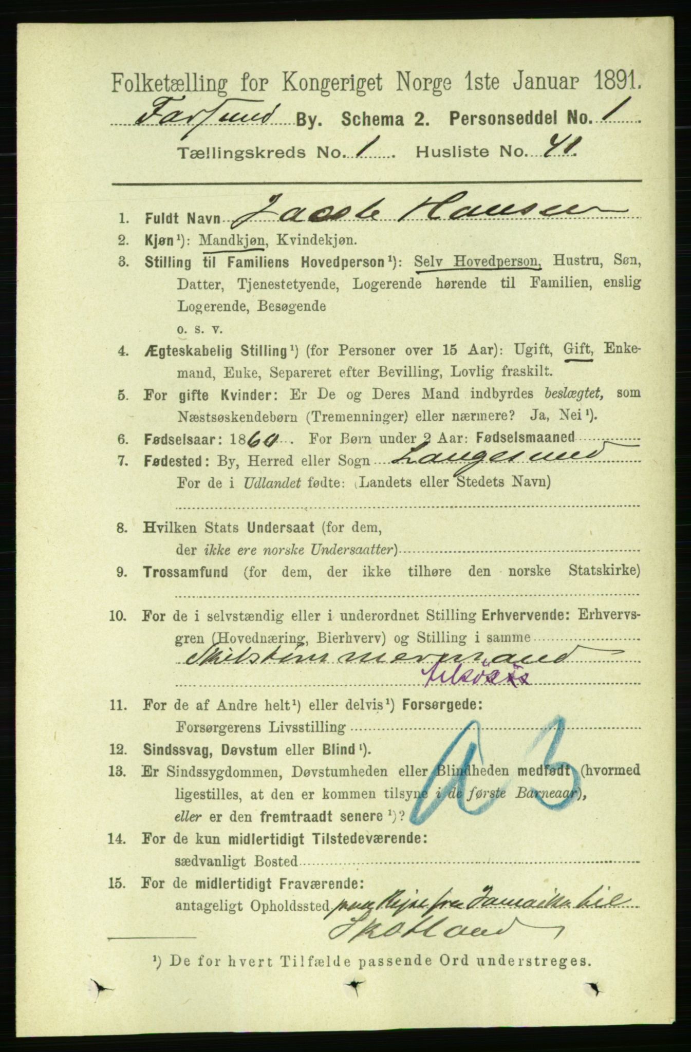 RA, 1891 census for 1003 Farsund, 1891, p. 814