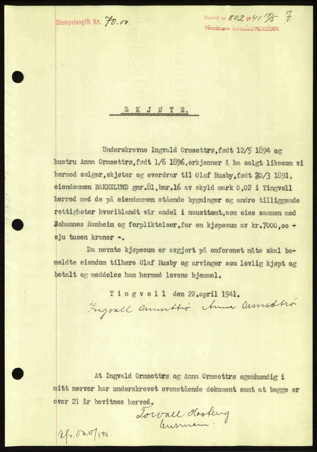 Nordmøre sorenskriveri, SAT/A-4132/1/2/2Ca: Mortgage book no. A90, 1941-1941, Diary no: : 802/1941