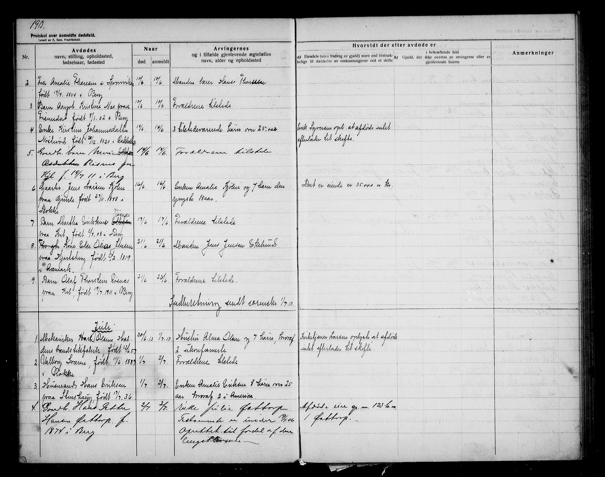 Berg lensmannskontor, SAO/A-10263/H/Ha/Haa/L0002: Dødsfallsprotokoll, 1913-1923