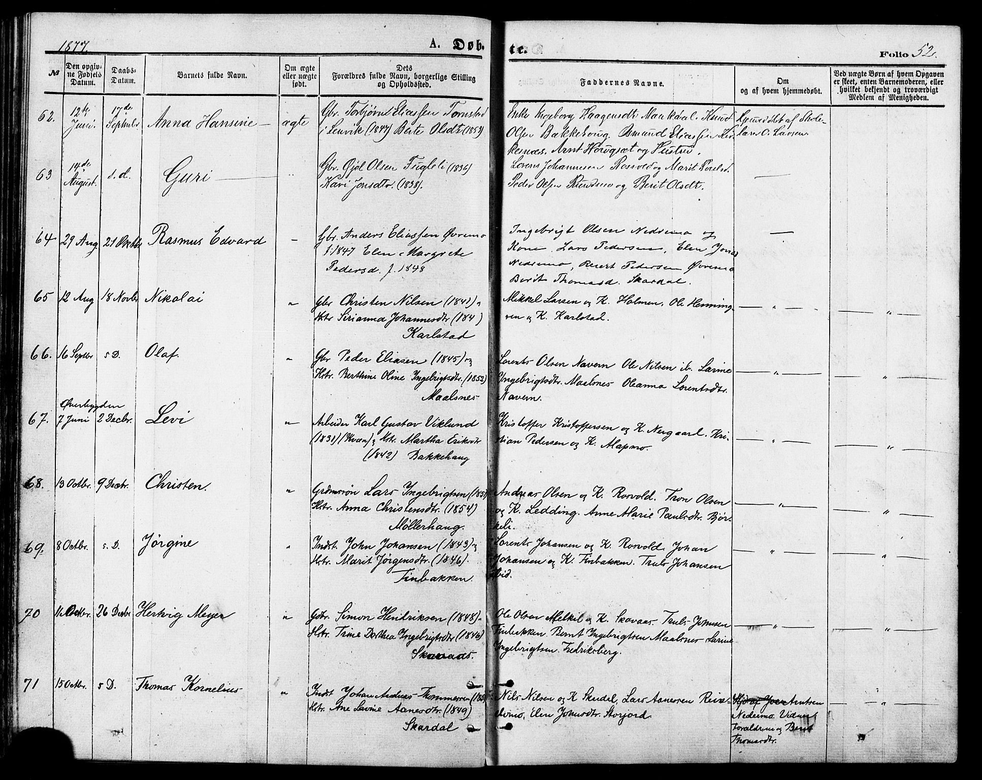 Målselv sokneprestembete, AV/SATØ-S-1311/G/Ga/Gaa/L0005kirke: Parish register (official) no. 5, 1872-1884, p. 52