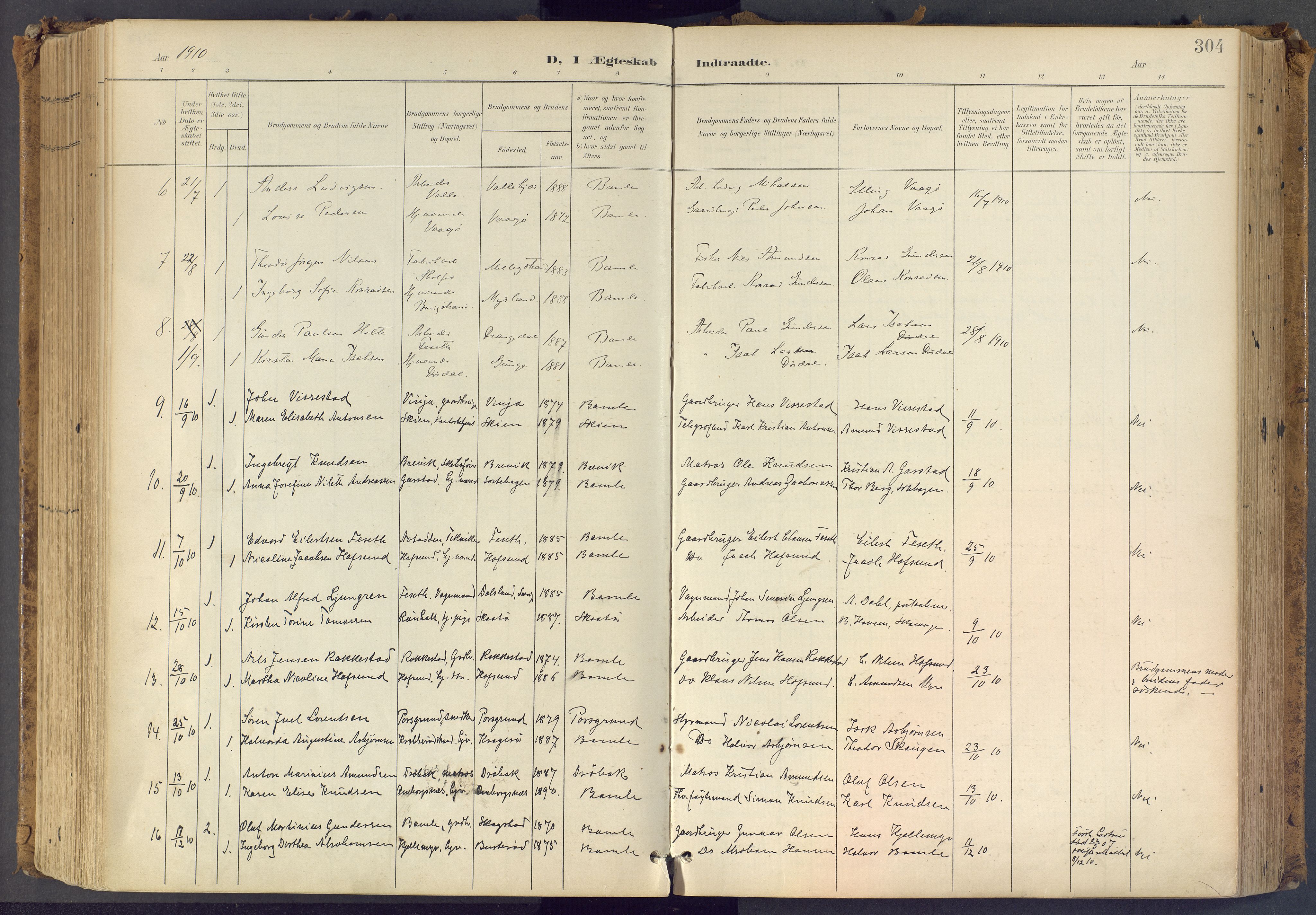 Bamble kirkebøker, SAKO/A-253/F/Fa/L0009: Parish register (official) no. I 9, 1901-1917, p. 304