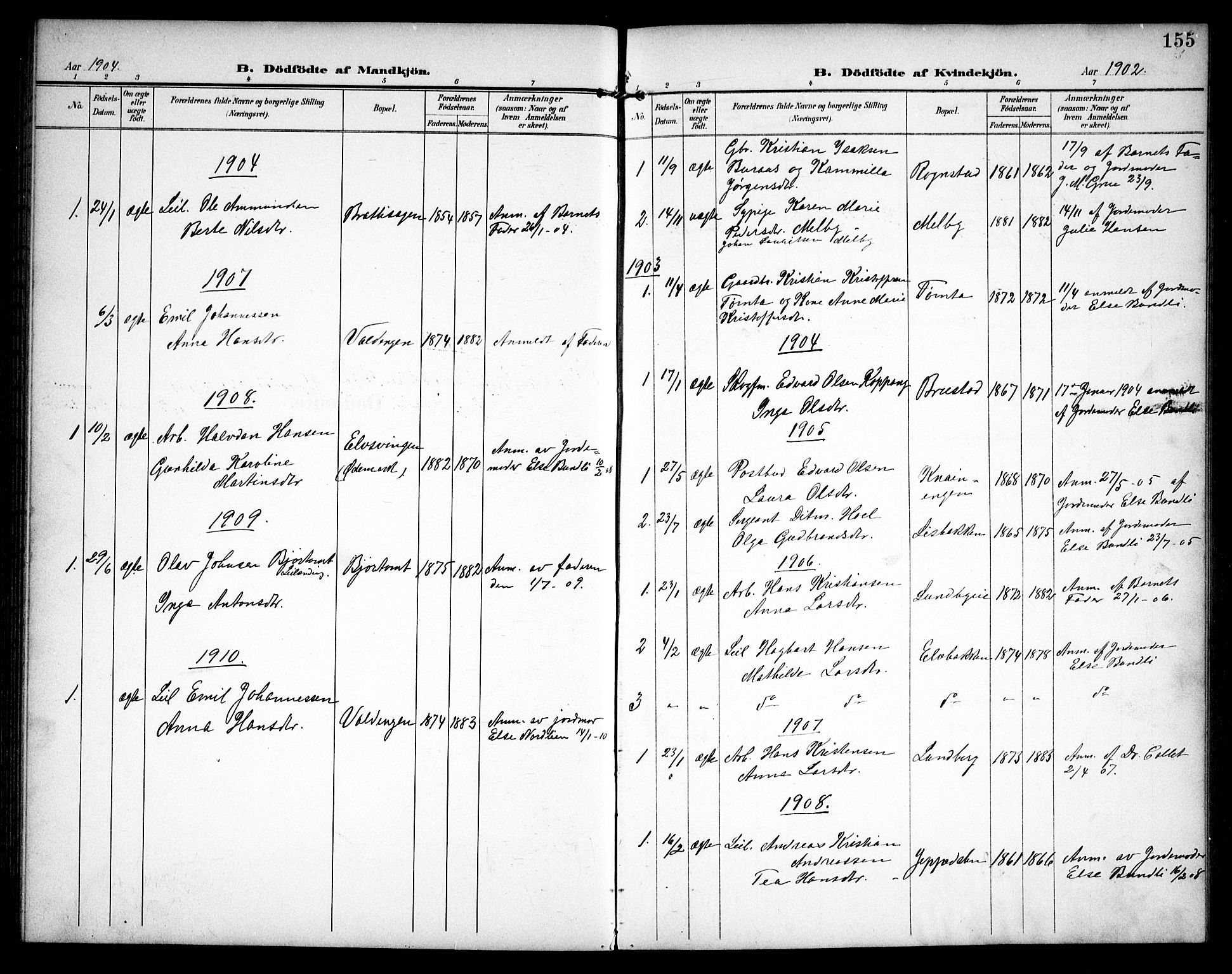 Hurdal prestekontor Kirkebøker, SAO/A-10889/G/Ga/L0001: Parish register (copy) no. I 1, 1902-1934, p. 155