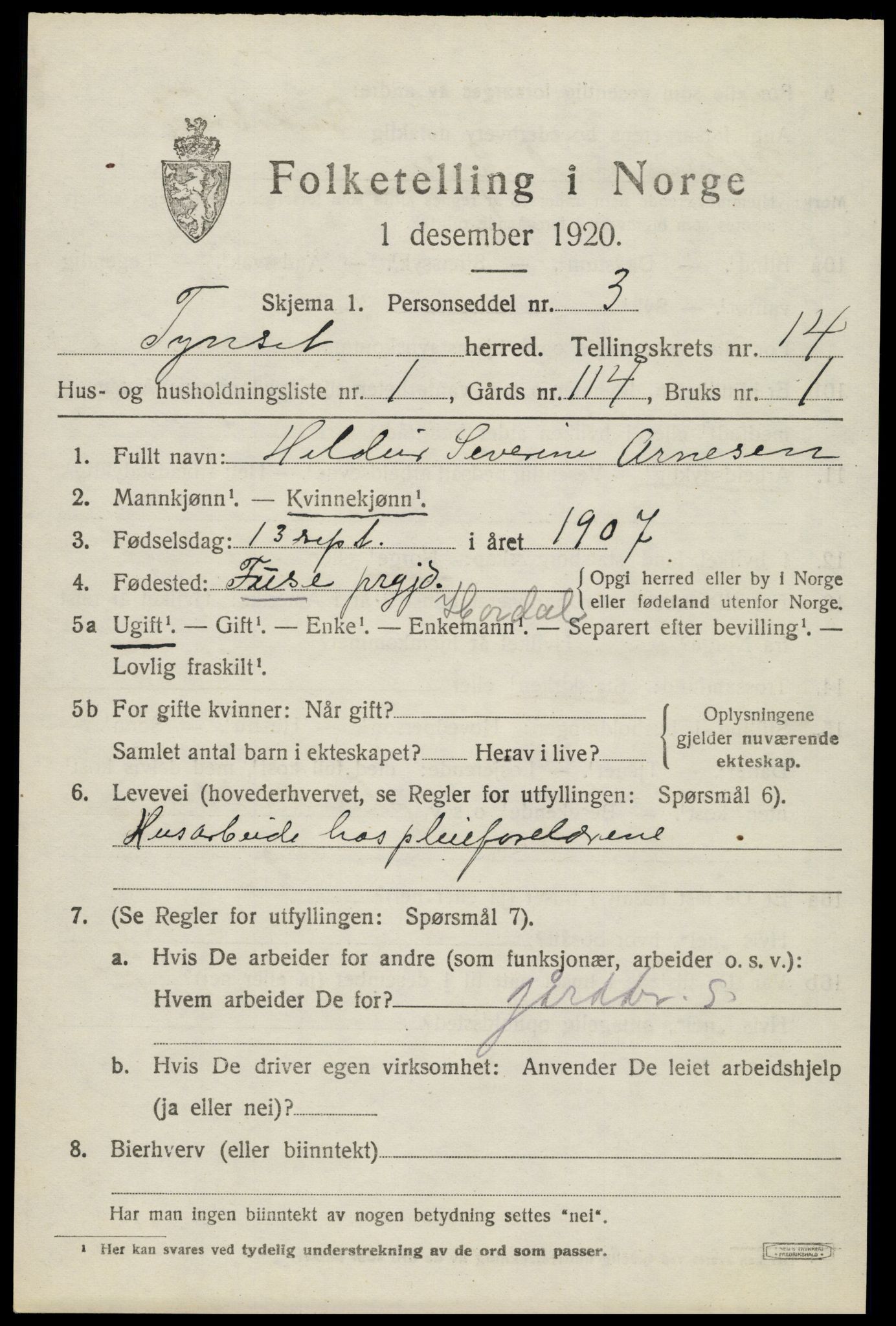 SAH, 1920 census for Tynset, 1920, p. 8932