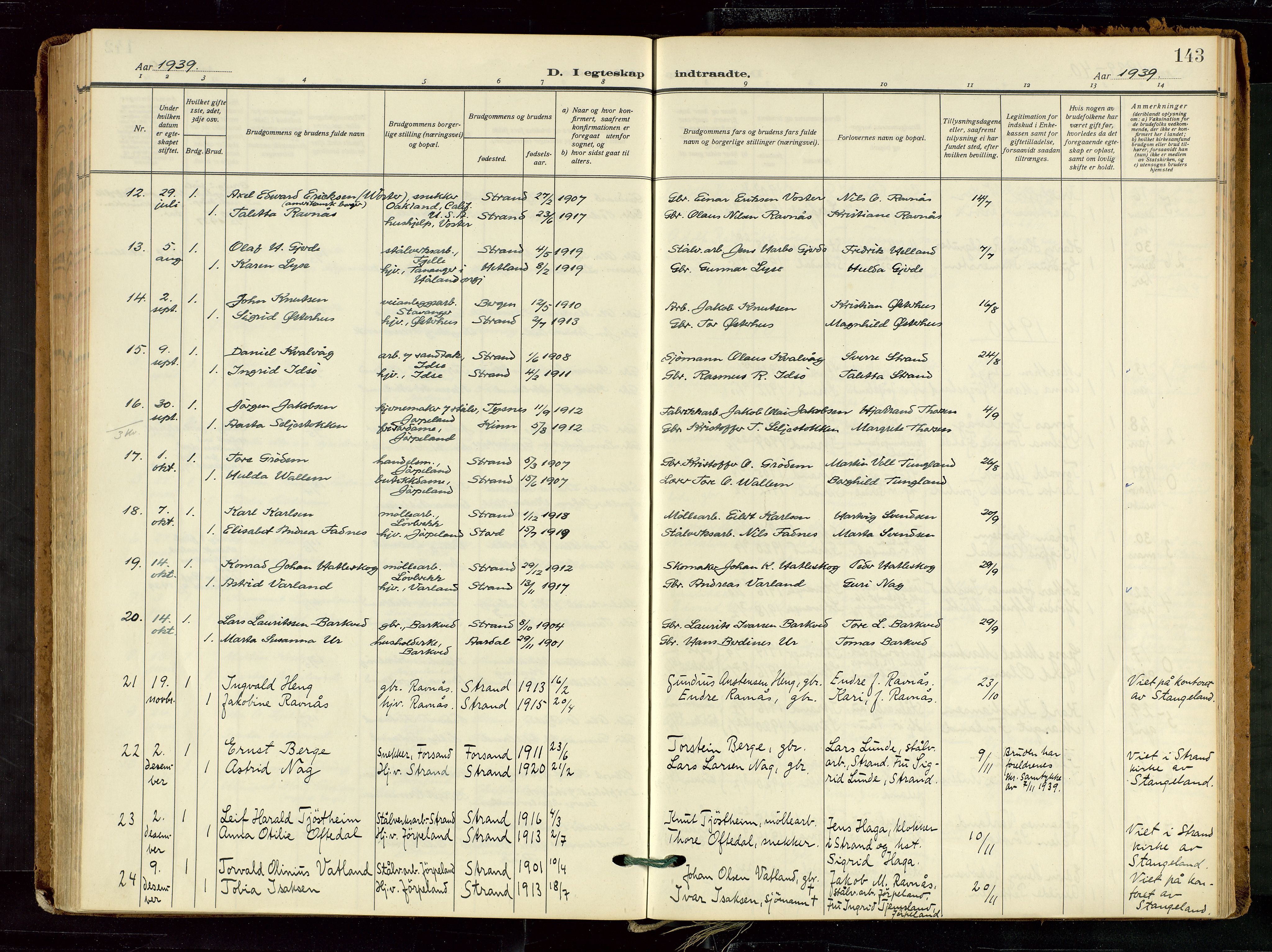 Strand sokneprestkontor, AV/SAST-A-101828/H/Ha/Haa/L0012: Parish register (official) no. A 12, 1927-1946, p. 143