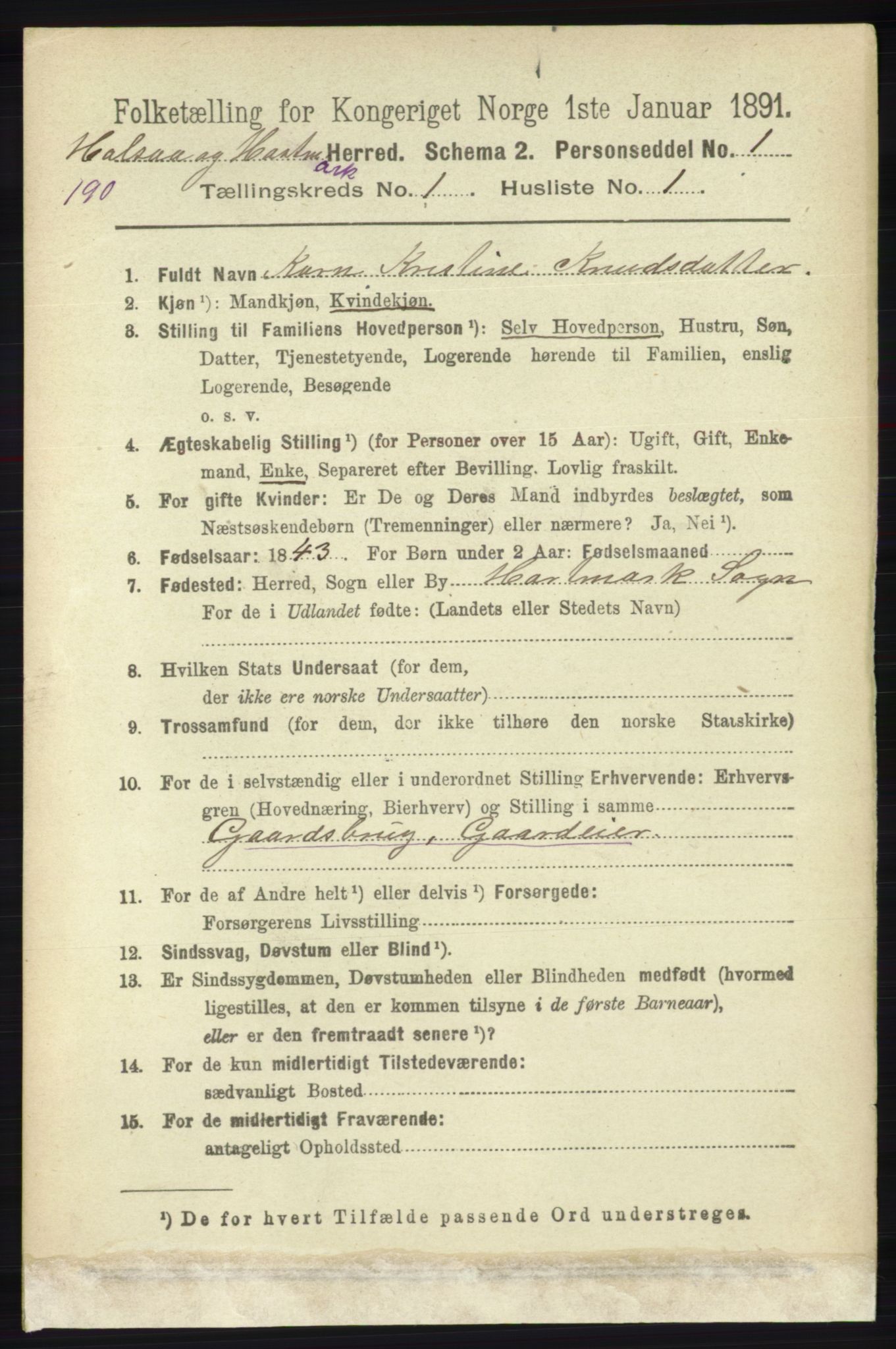 RA, 1891 census for 1019 Halse og Harkmark, 1891, p. 101