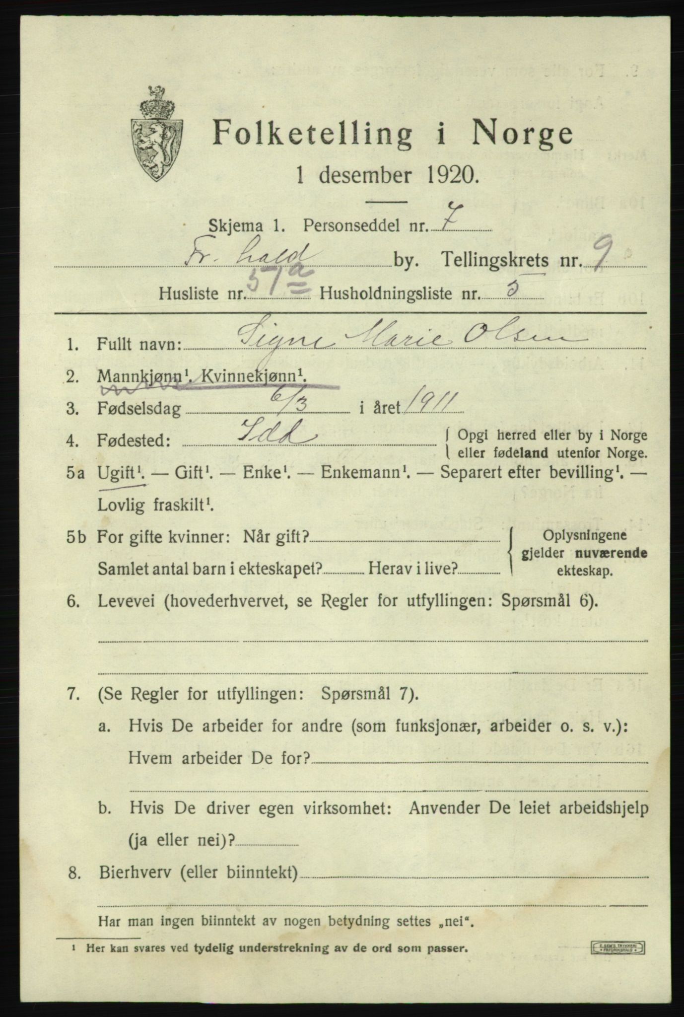 SAO, 1920 census for Fredrikshald, 1920, p. 17175