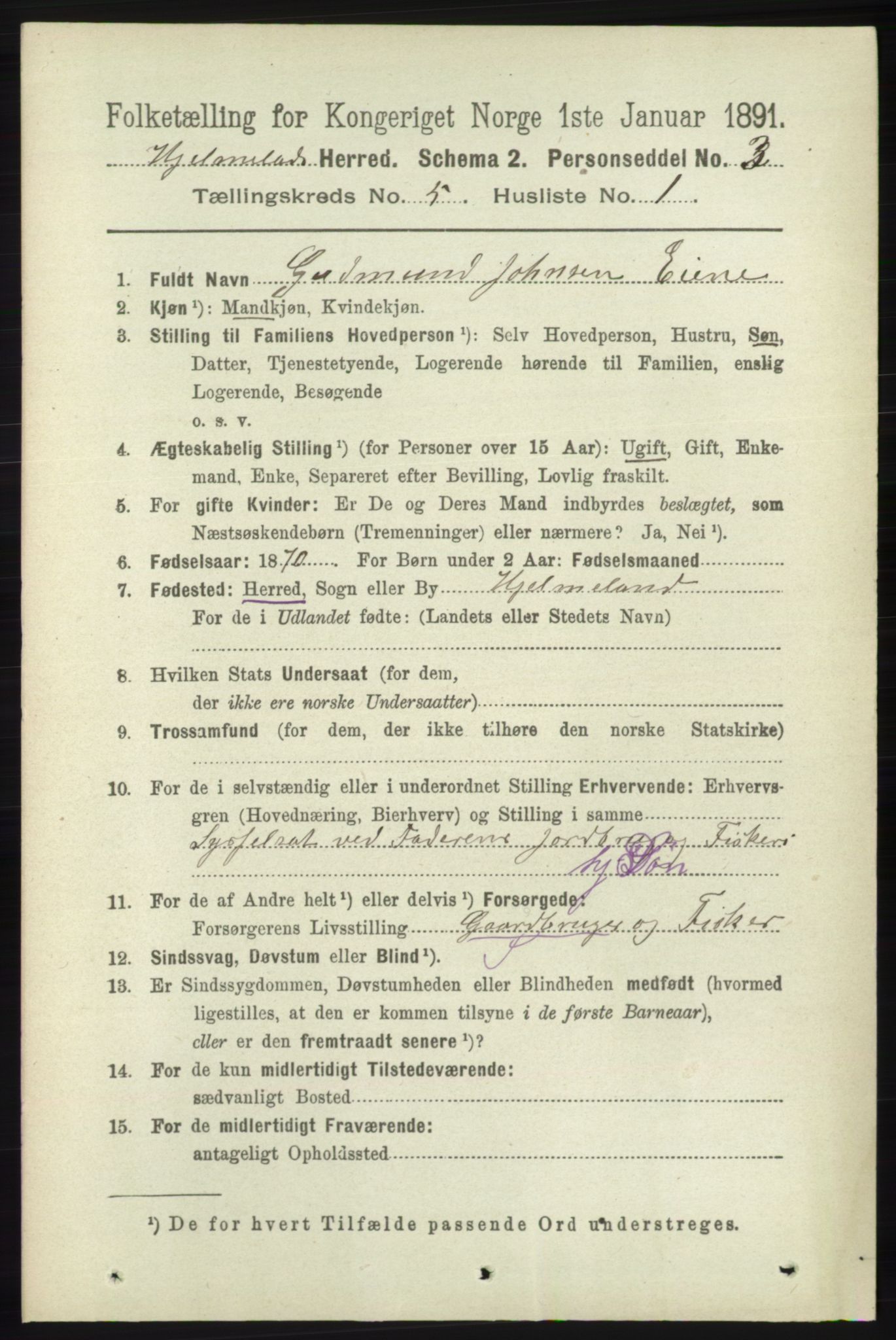 RA, 1891 census for 1133 Hjelmeland, 1891, p. 1153