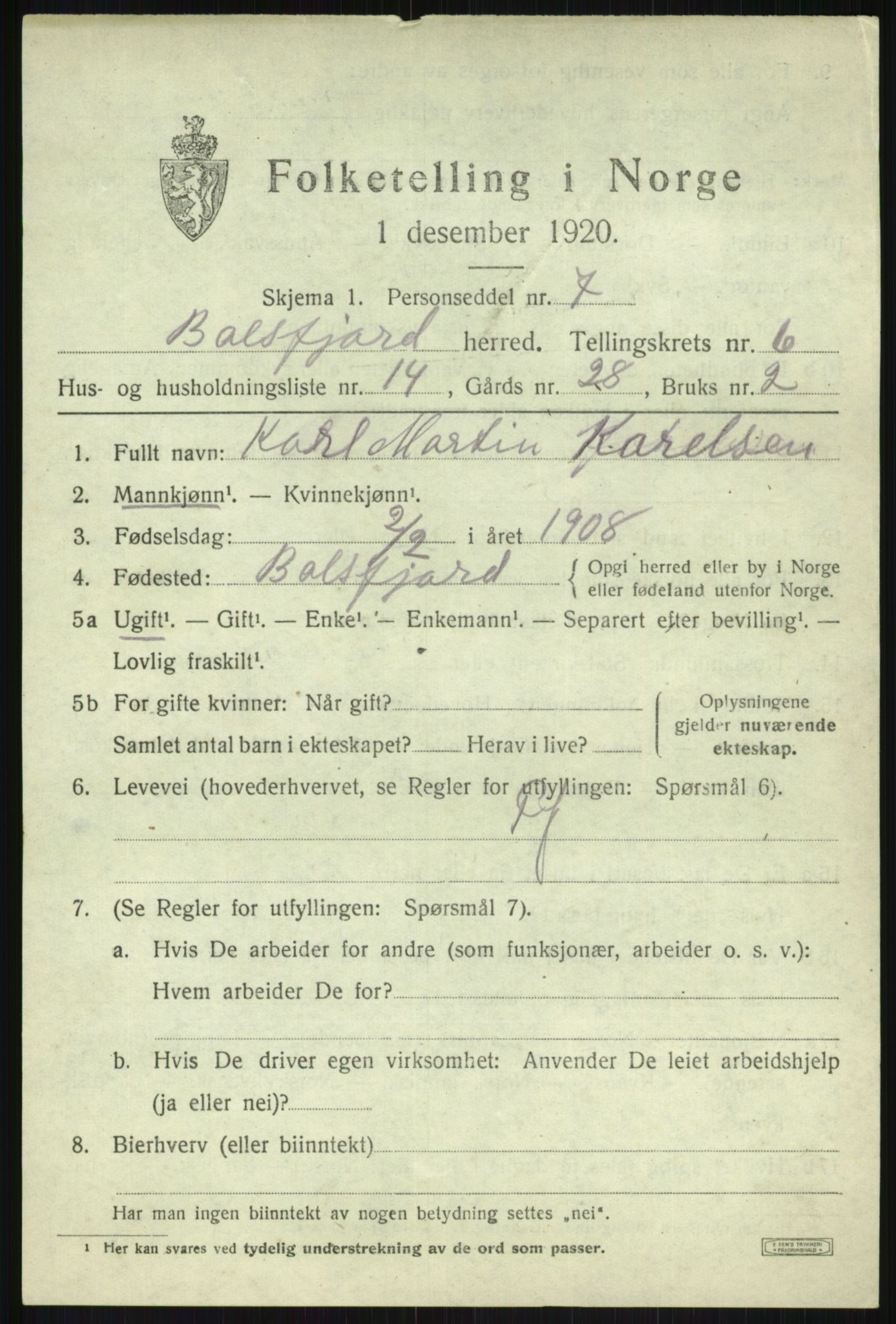 SATØ, 1920 census for Balsfjord, 1920, p. 3880