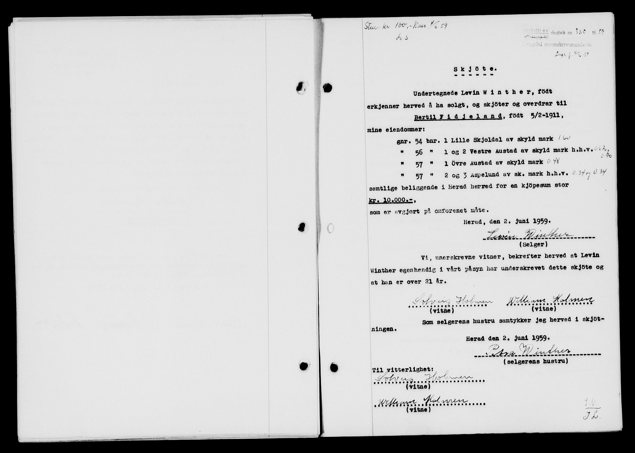 Lyngdal sorenskriveri, AV/SAK-1221-0004/G/Gb/L0678: Mortgage book no. A XXIV, 1958-1959, Diary no: : 380/1959