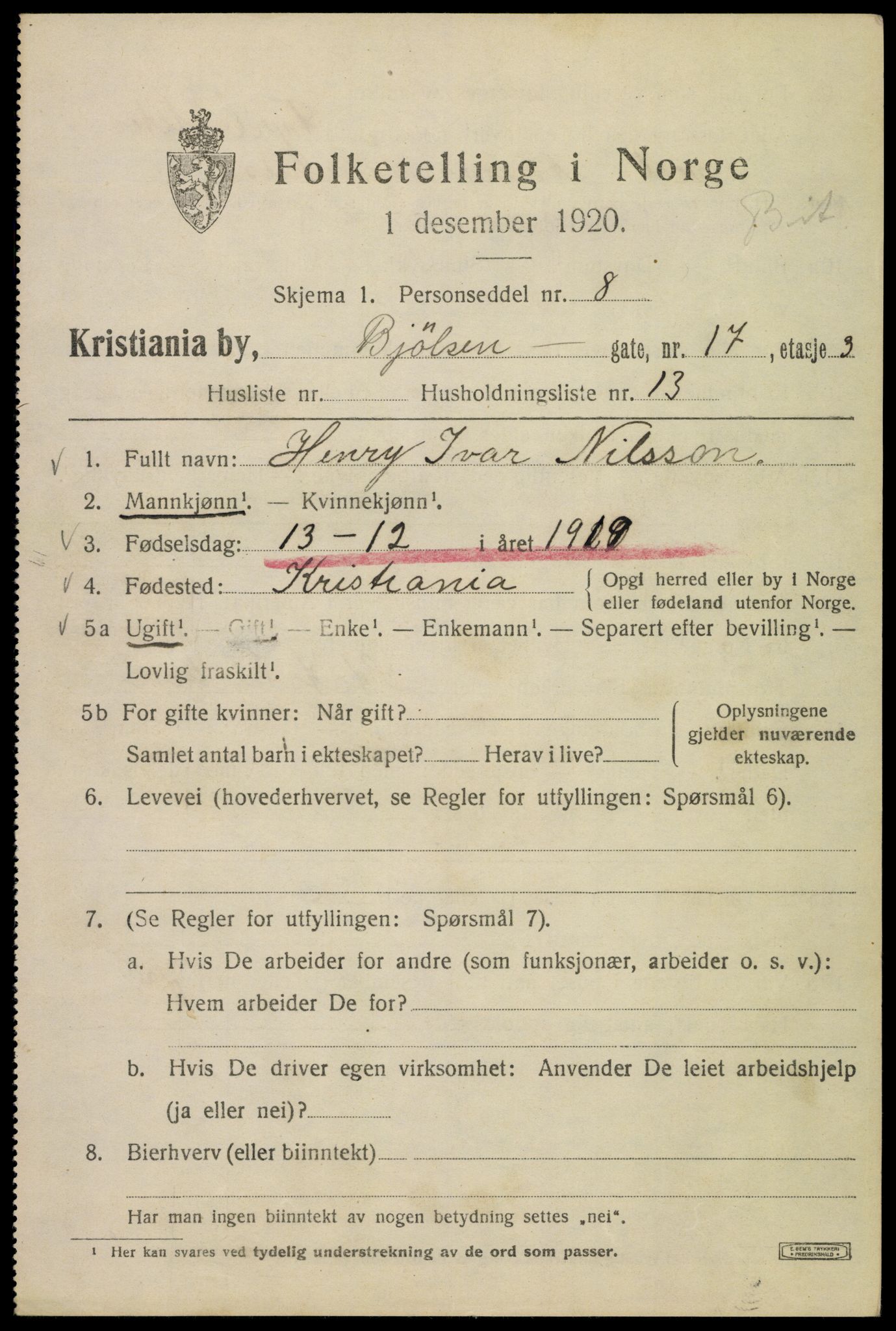 SAO, 1920 census for Kristiania, 1920, p. 163201