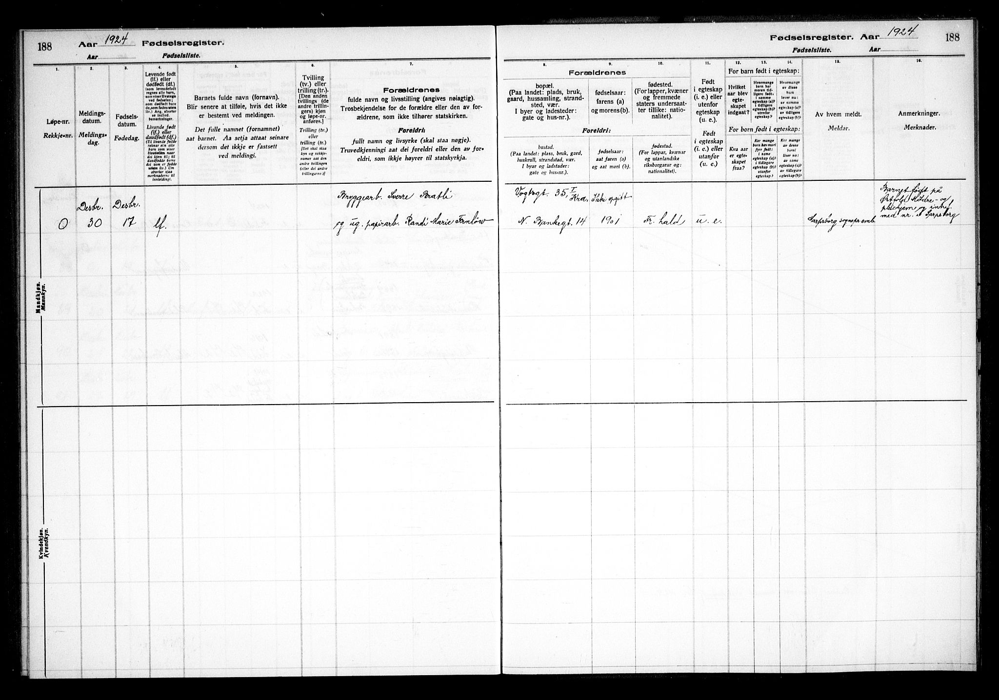 Halden prestekontor Kirkebøker, SAO/A-10909/J/Ja/L0001: Birth register no. I 1, 1916-1925, p. 188