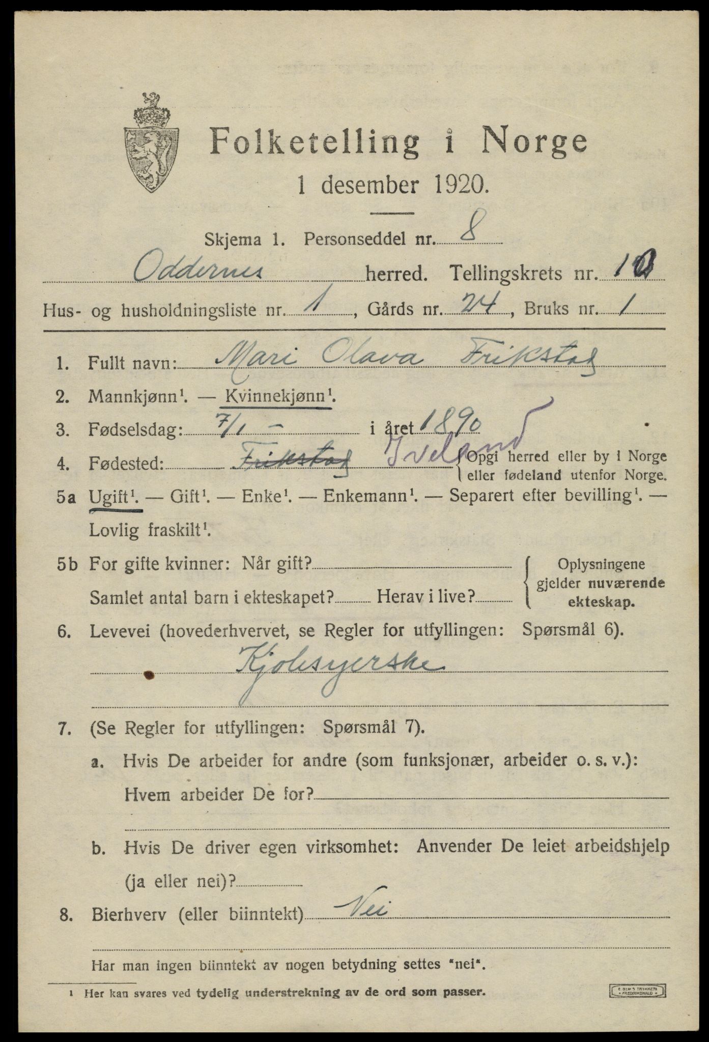 SAK, 1920 census for Oddernes, 1920, p. 6381