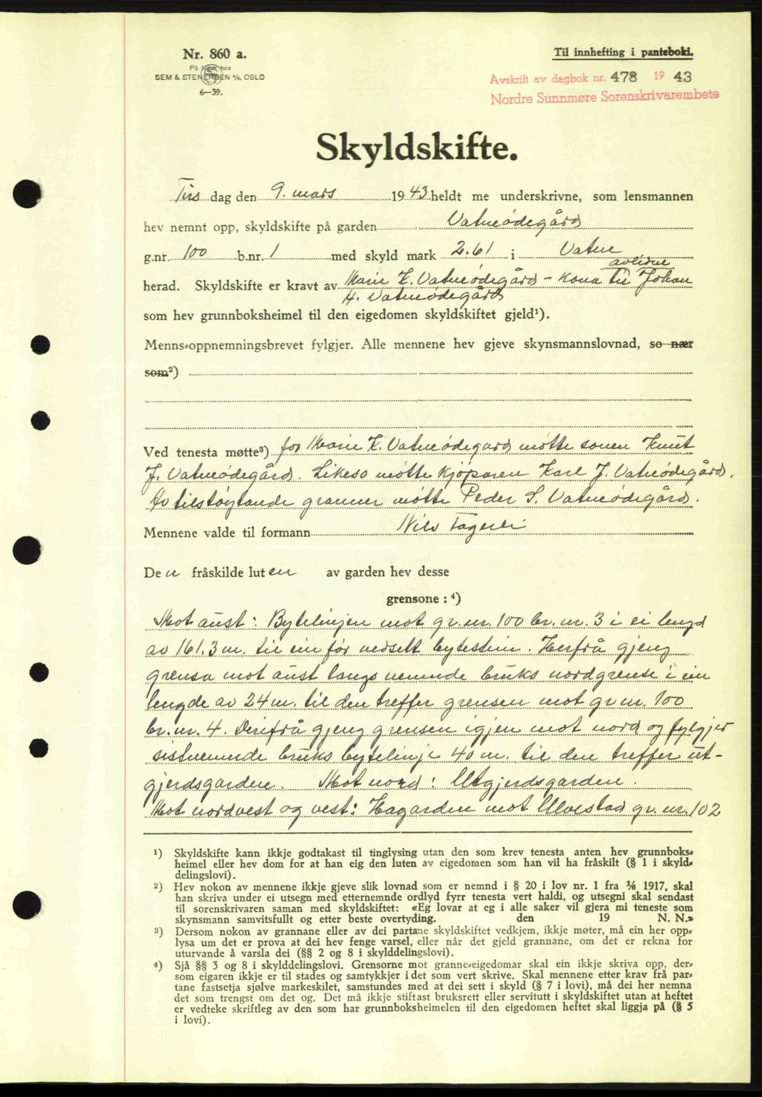 Nordre Sunnmøre sorenskriveri, AV/SAT-A-0006/1/2/2C/2Ca: Mortgage book no. A15, 1942-1943, Diary no: : 478/1943