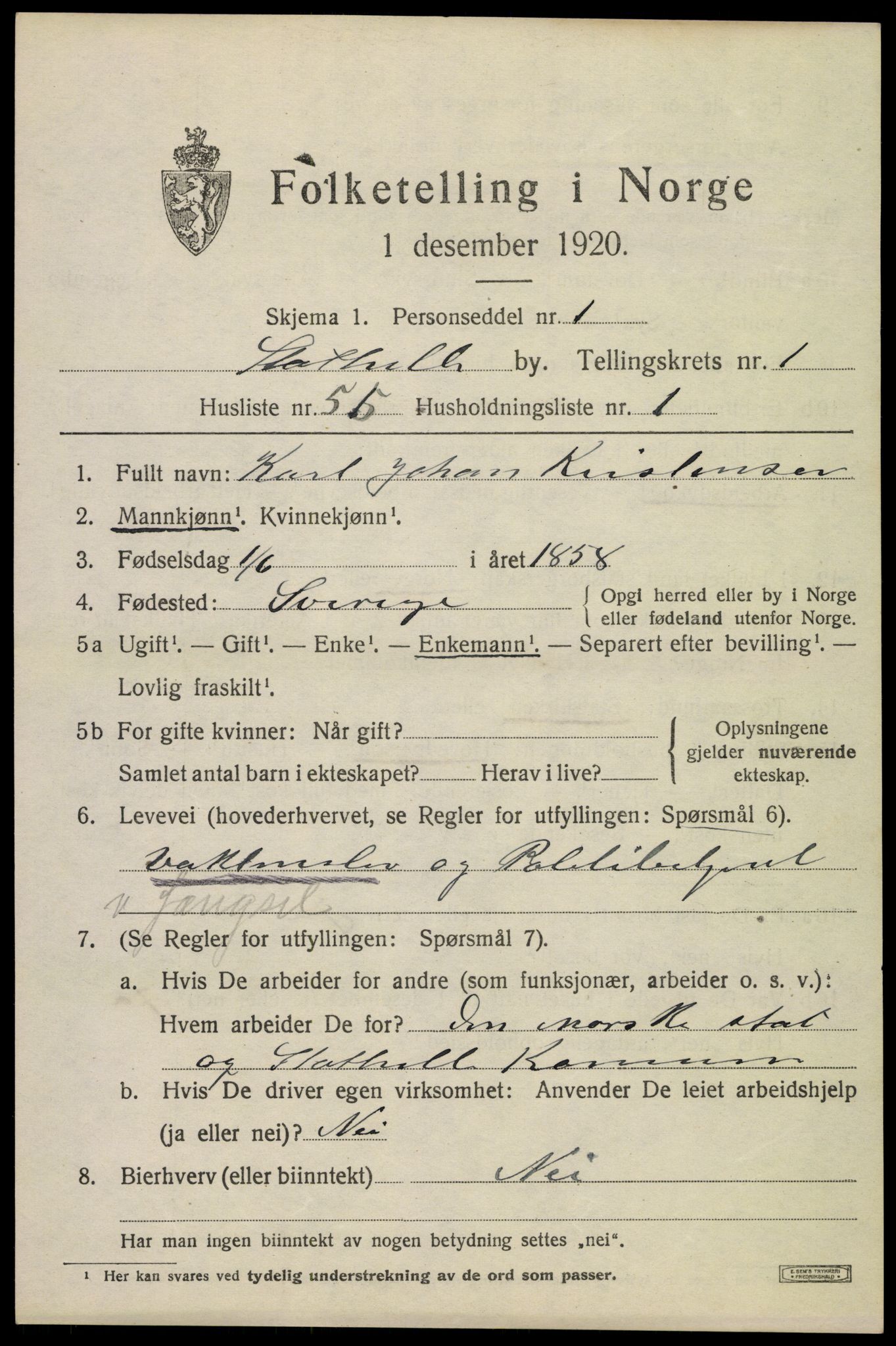 SAKO, 1920 census for Stathelle, 1920, p. 1055