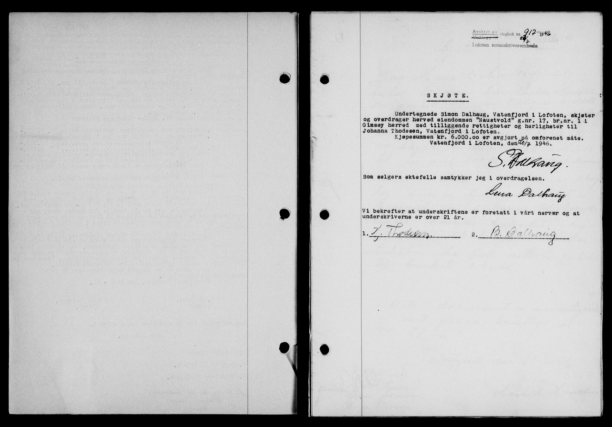 Lofoten sorenskriveri, SAT/A-0017/1/2/2C/L0014a: Mortgage book no. 14a, 1946-1946, Diary no: : 917/1946