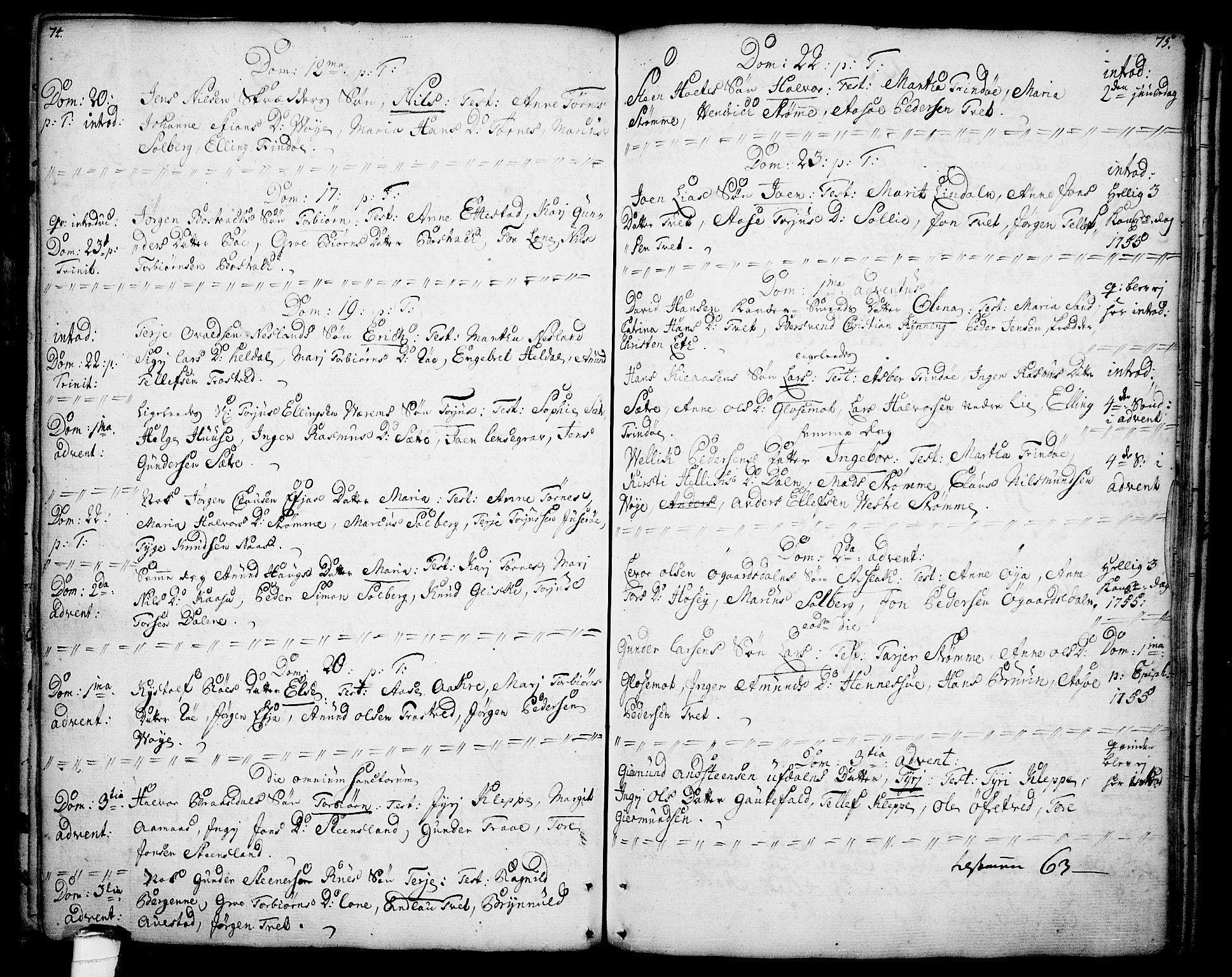 Drangedal kirkebøker, SAKO/A-258/F/Fa/L0001: Parish register (official) no. 1, 1697-1767, p. 74-75
