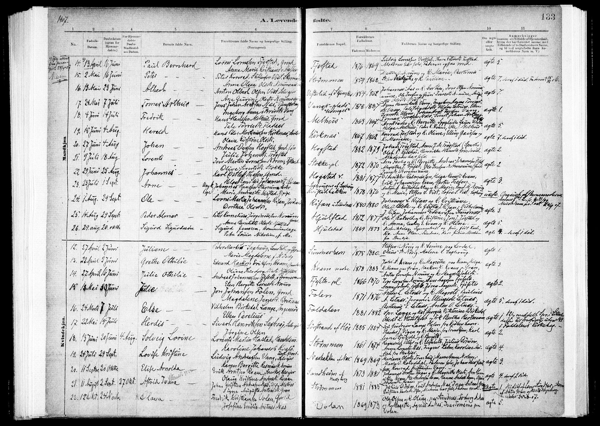 Ministerialprotokoller, klokkerbøker og fødselsregistre - Nord-Trøndelag, SAT/A-1458/730/L0285: Parish register (official) no. 730A10, 1879-1914, p. 133