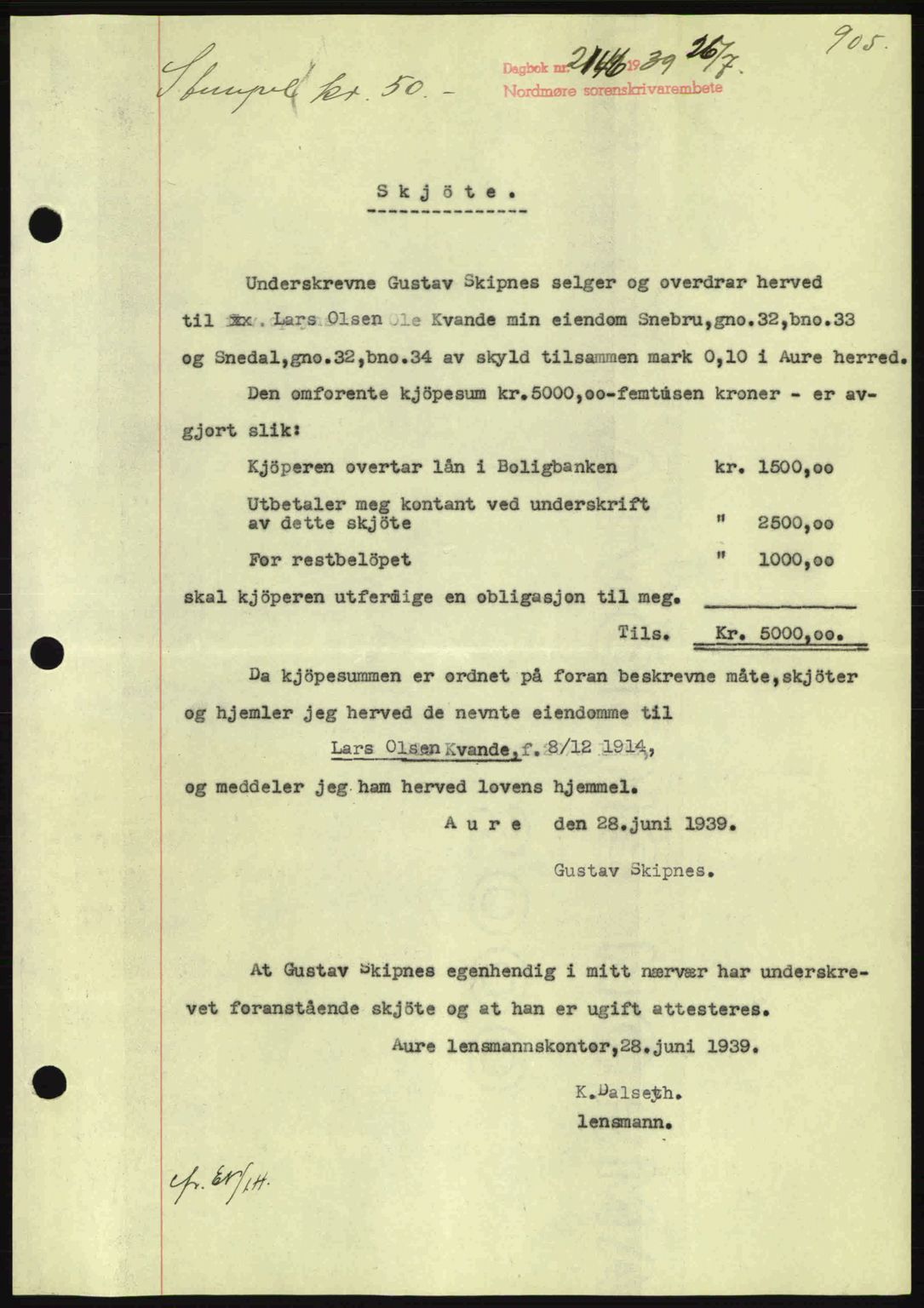 Nordmøre sorenskriveri, AV/SAT-A-4132/1/2/2Ca: Mortgage book no. A86, 1939-1939, Diary no: : 2146/1939