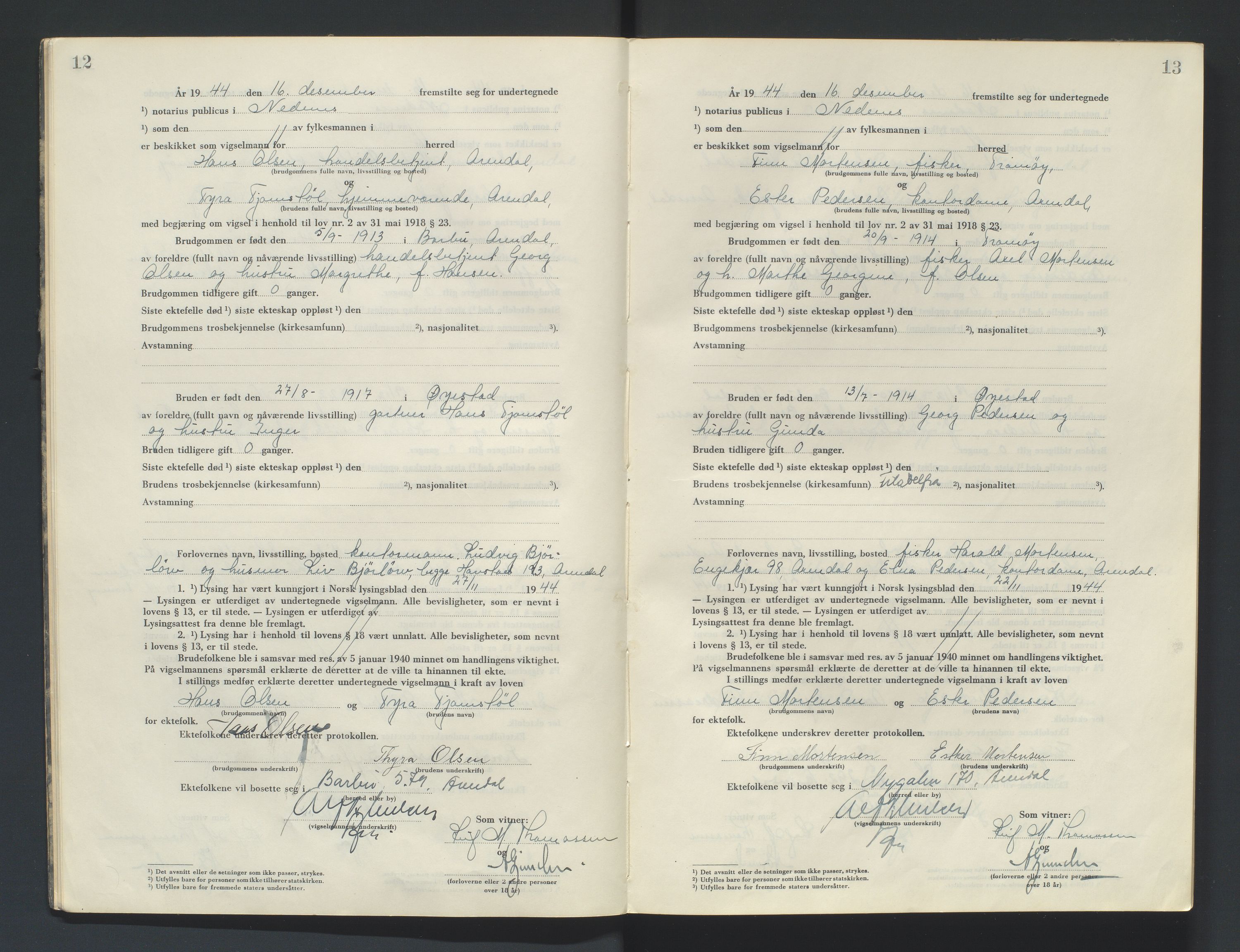 Nedenes sorenskriveri, AV/SAK-1221-0006/L/Ld/L0002/0004: Vigselsbøker / Vigselbok, 1944-1948, p. 12-13