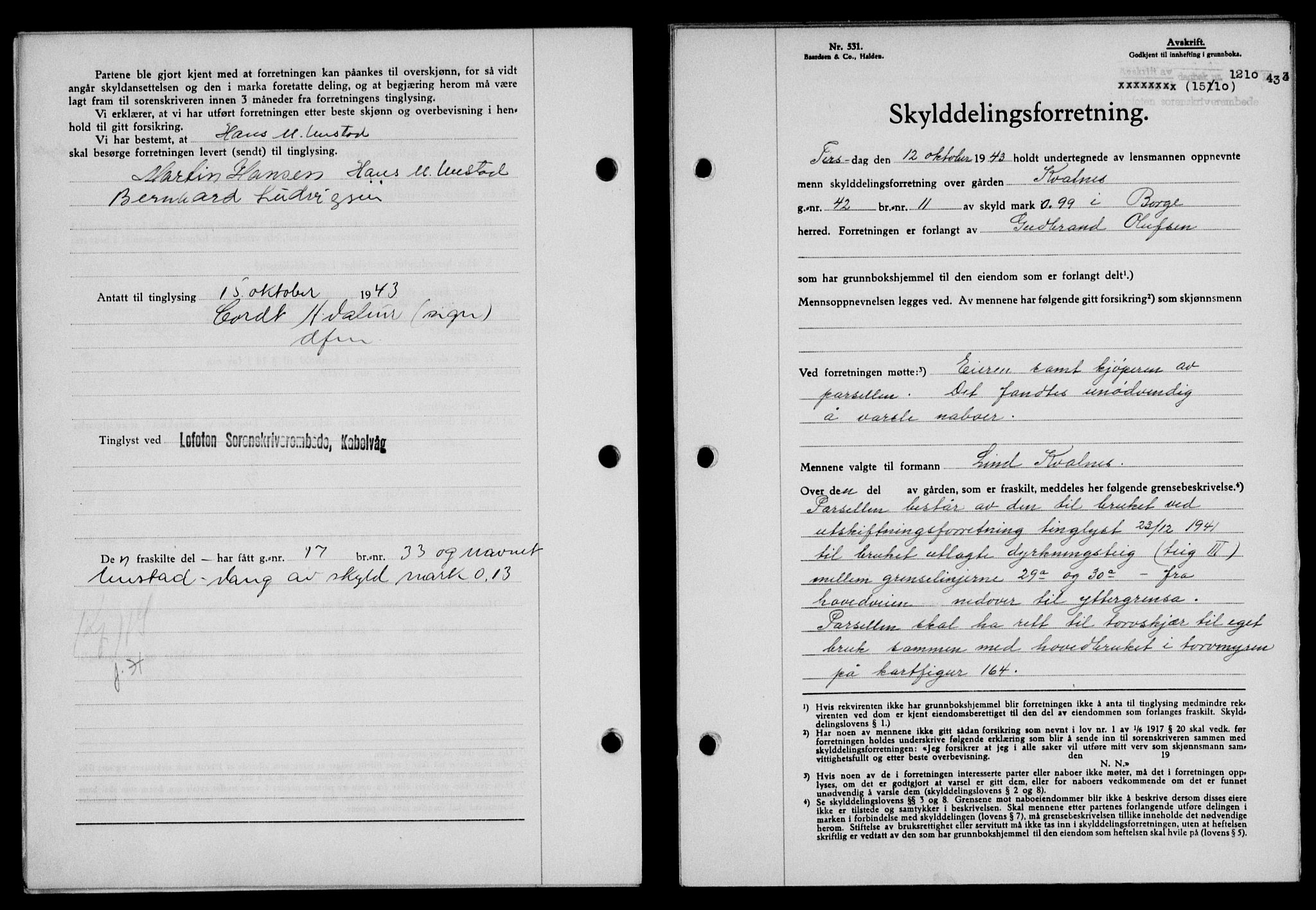 Lofoten sorenskriveri, SAT/A-0017/1/2/2C/L0011a: Mortgage book no. 11a, 1943-1943, Diary no: : 1210/1943